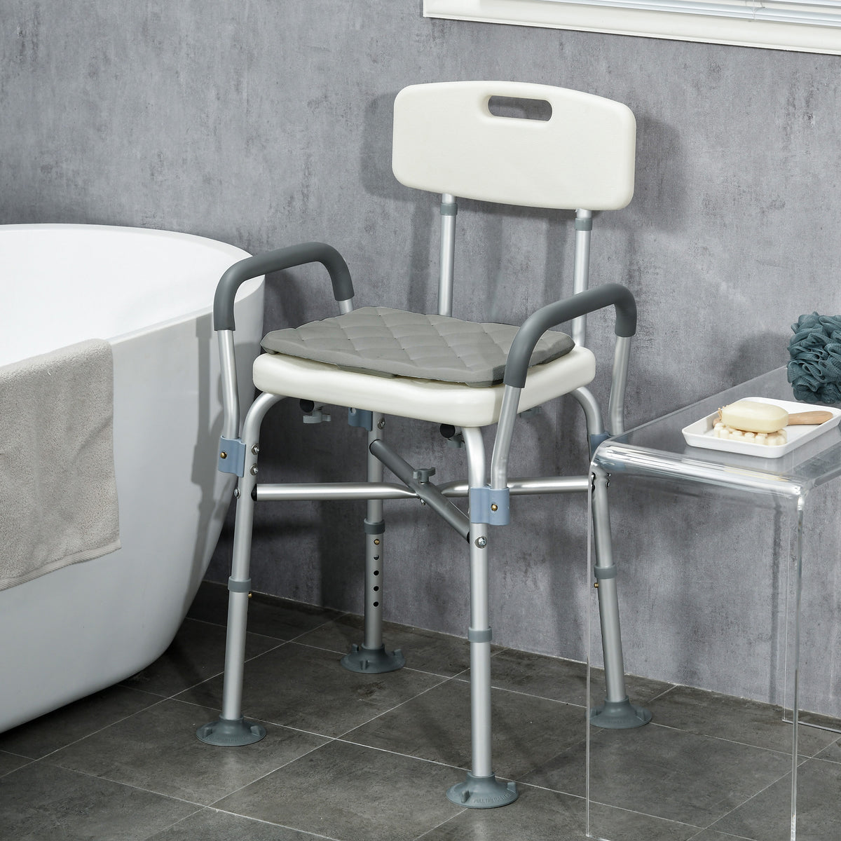 Cadeira de Duche para Idosos com Encosto Apoios de Braço Altura Ajustável Almofada Acolchoada Removível Carga 136 kg para Idosos e Pessoas com Deficiência 53,5x52x80-90 cm Branco — foto 2