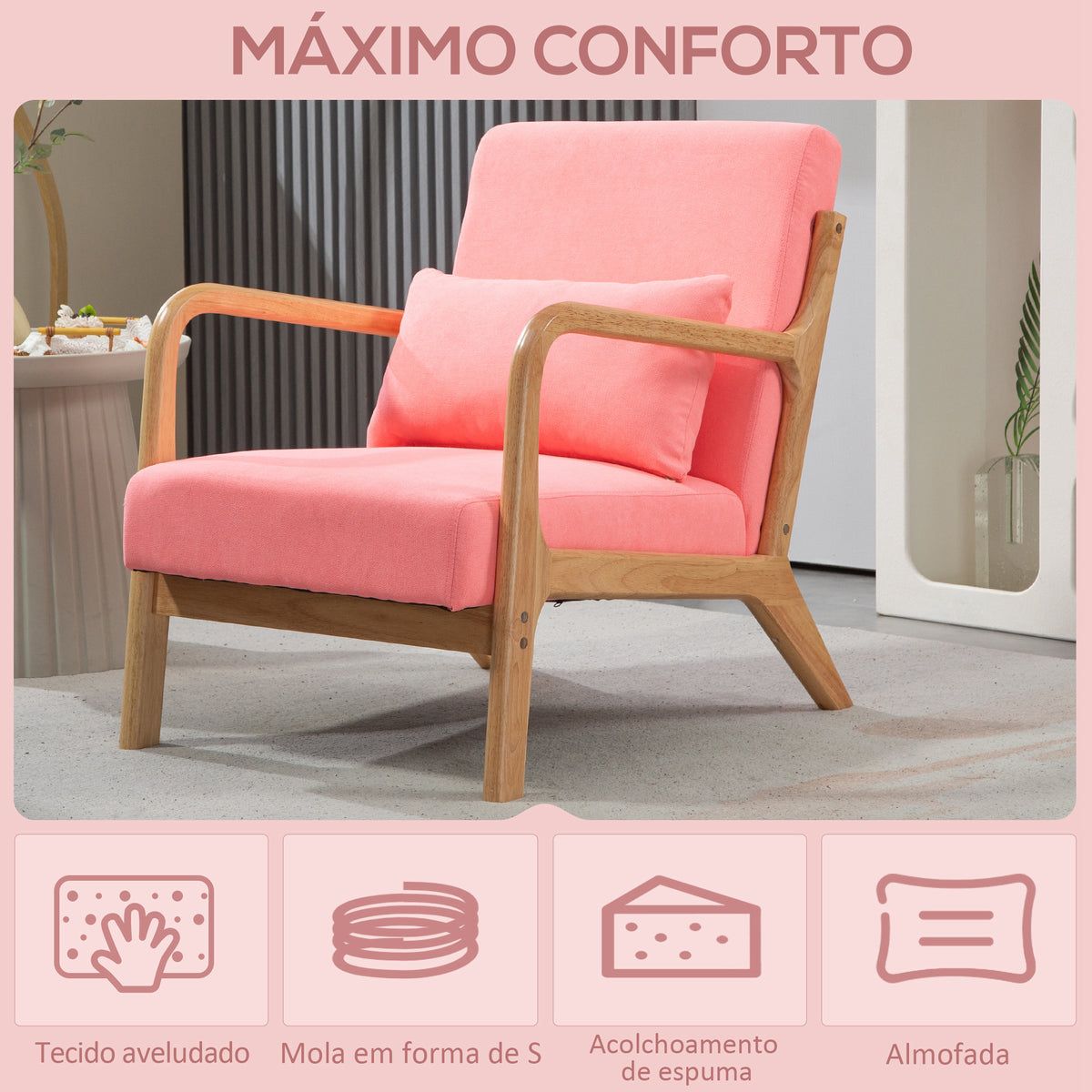 Poltrona Sala de Estar Nórdica Poltrona Individual Acolchoada com Apoio para os Braços e Estrutura de Madeira de Borracha para Dormitório Carga 120 kg 61x78x76 cm Rosa — foto 4
