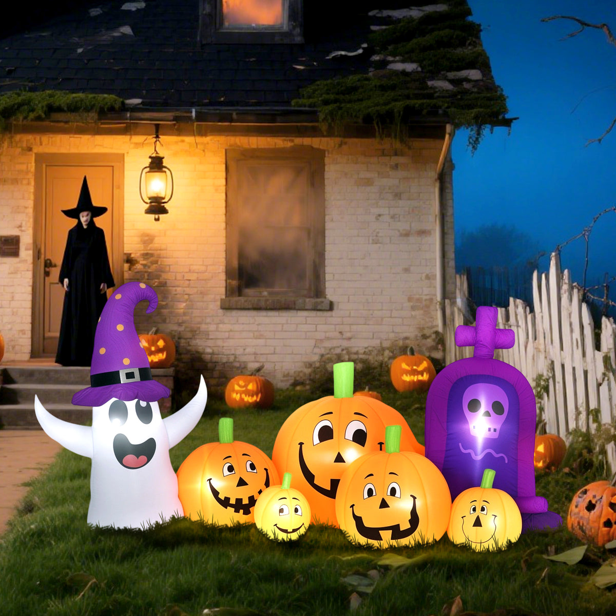 Abóbora Insuflável de Halloween com Fantasma e Lápida Decoração de Halloween com Luzes LED IP44 e Insuflador para Jardim Festas Exterior 240x130x130 cm Multicolor — foto 7