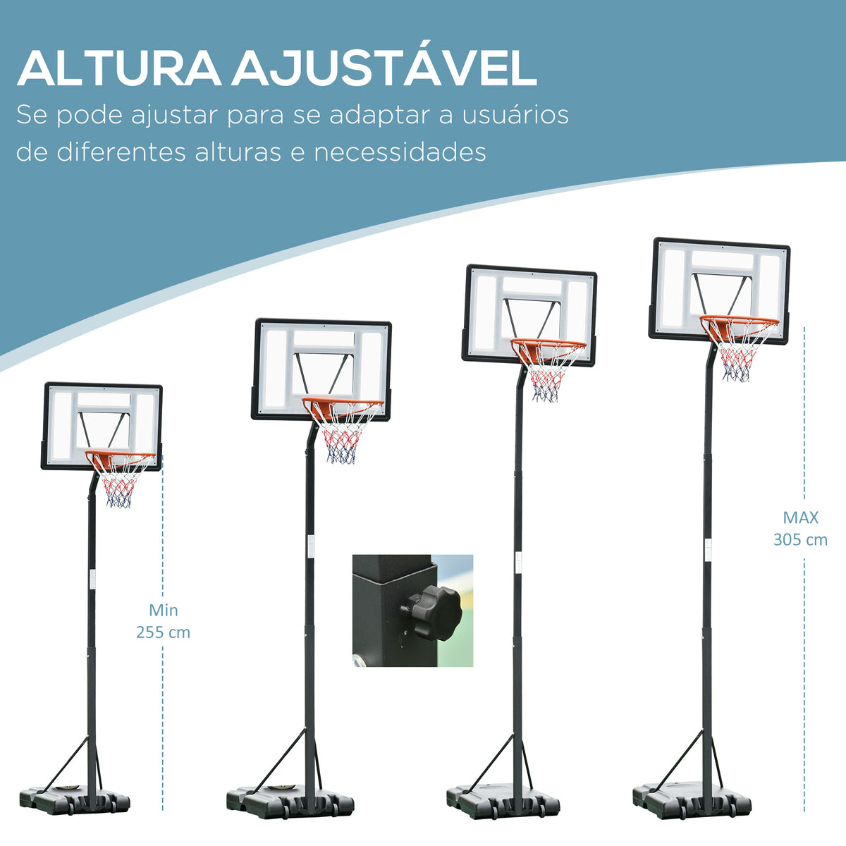 Tabela de Basquetebol com Suporte Portátil Aro de Ajustável em Altura com Base Recarregável para Crianças e Adultos 86x165x302-352cm Preto — foto 4