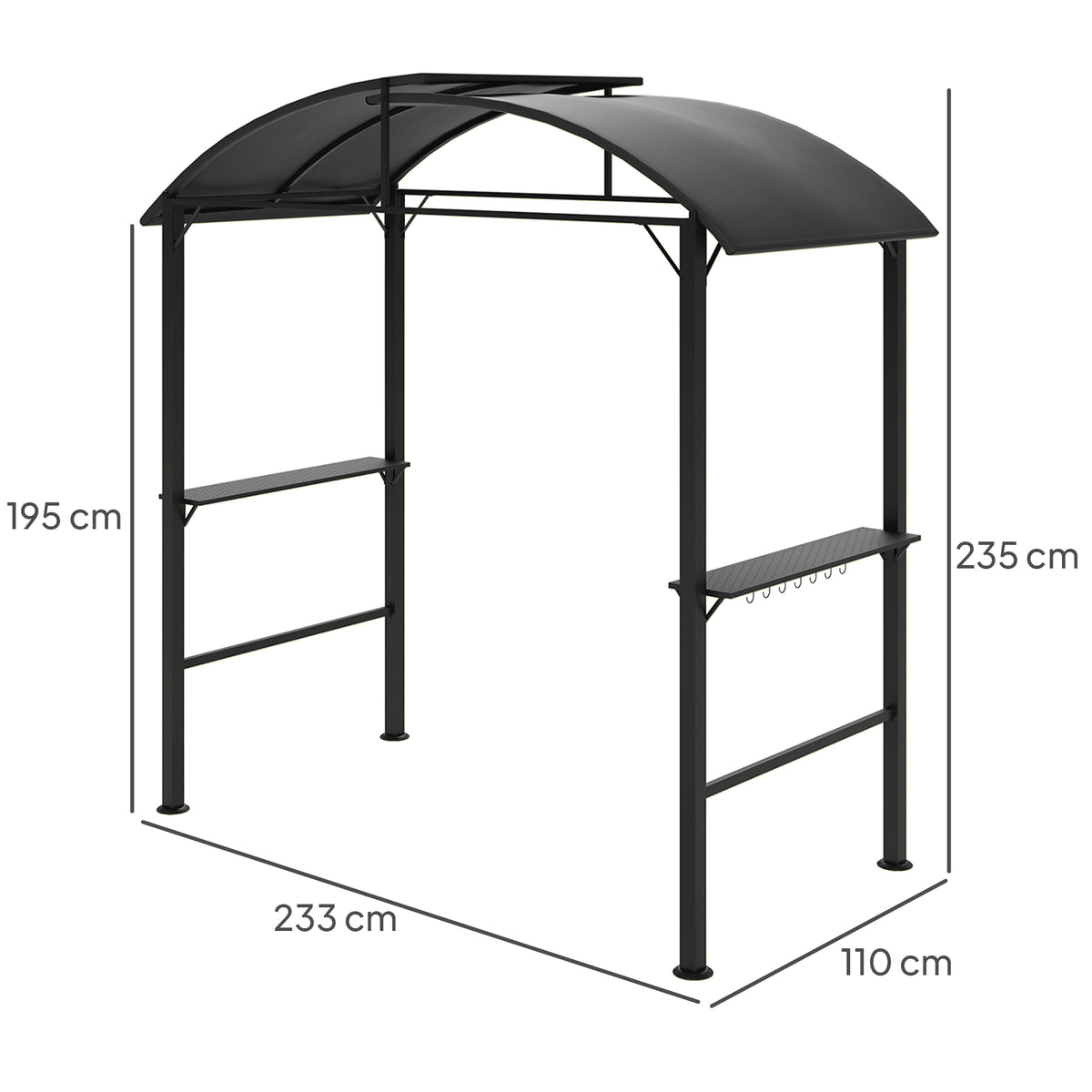 Pavilhão para churrasco, 2 prateleiras laterais, ganchos, estrutura de aço, 1,1 x 2,3m, cinza escuro — foto 2