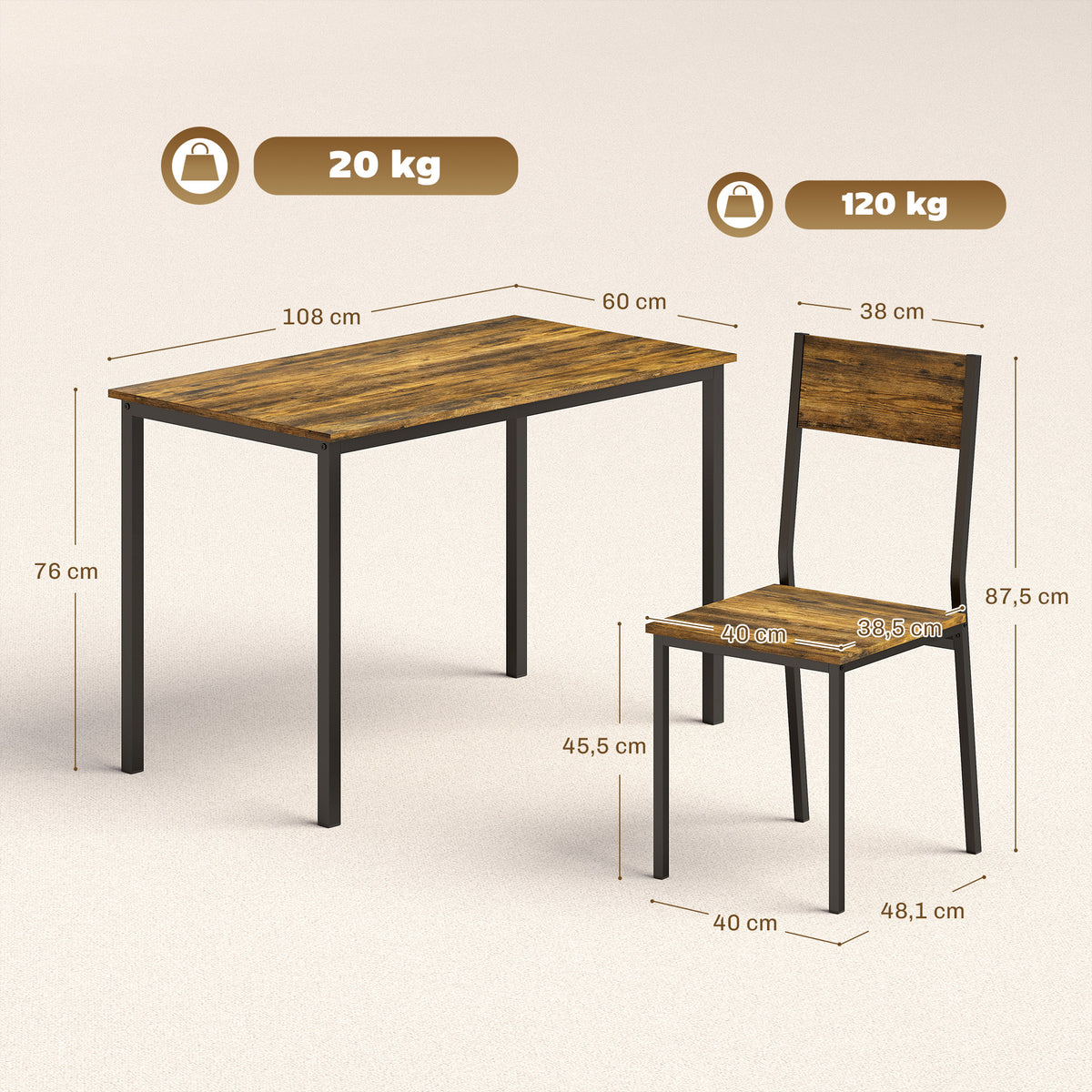 Conjunto de Mesa de Jantar com 4 Cadeiras Mesa de Cozinha para 4 Pessoas Pés em Metal Castanho Rústico — foto 2