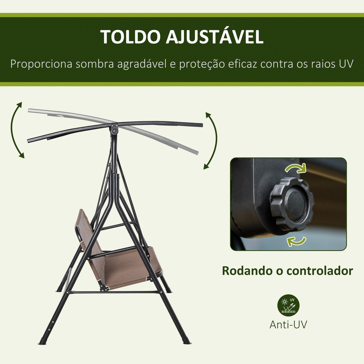 Baloiço de Jardim de 2 Lugares Baloiço com Teto Ajustável em Ângulo para Terraço Balcão Carga Máxima 200kg Aço 172x110x155cm Marrom — foto 4