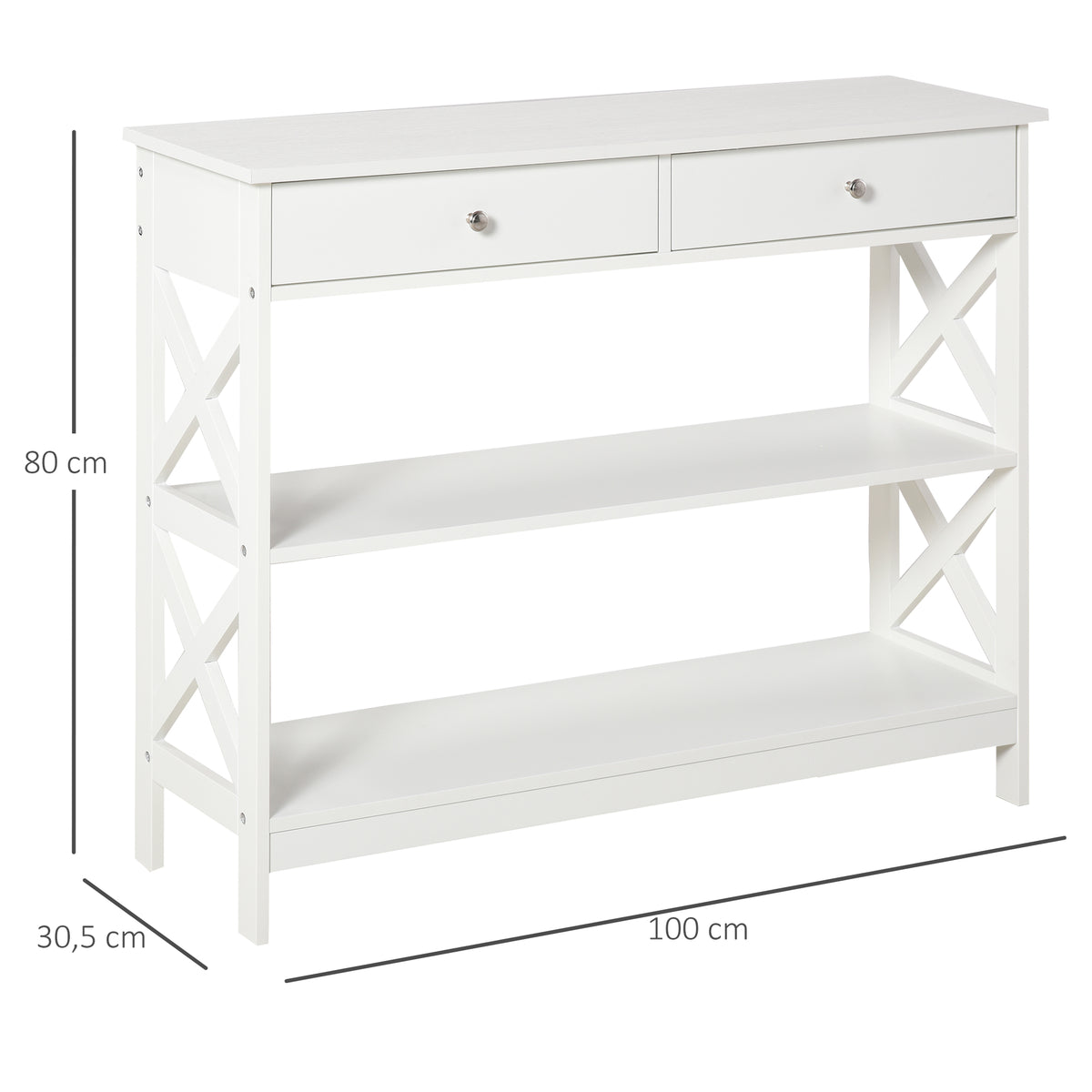 Mesa de console para Corredor com 2 gavetas e 2 prateleiras inferiores Móveis modernos Base elevada anti-inclinação 100x30.5x80 cm Branco — foto 3