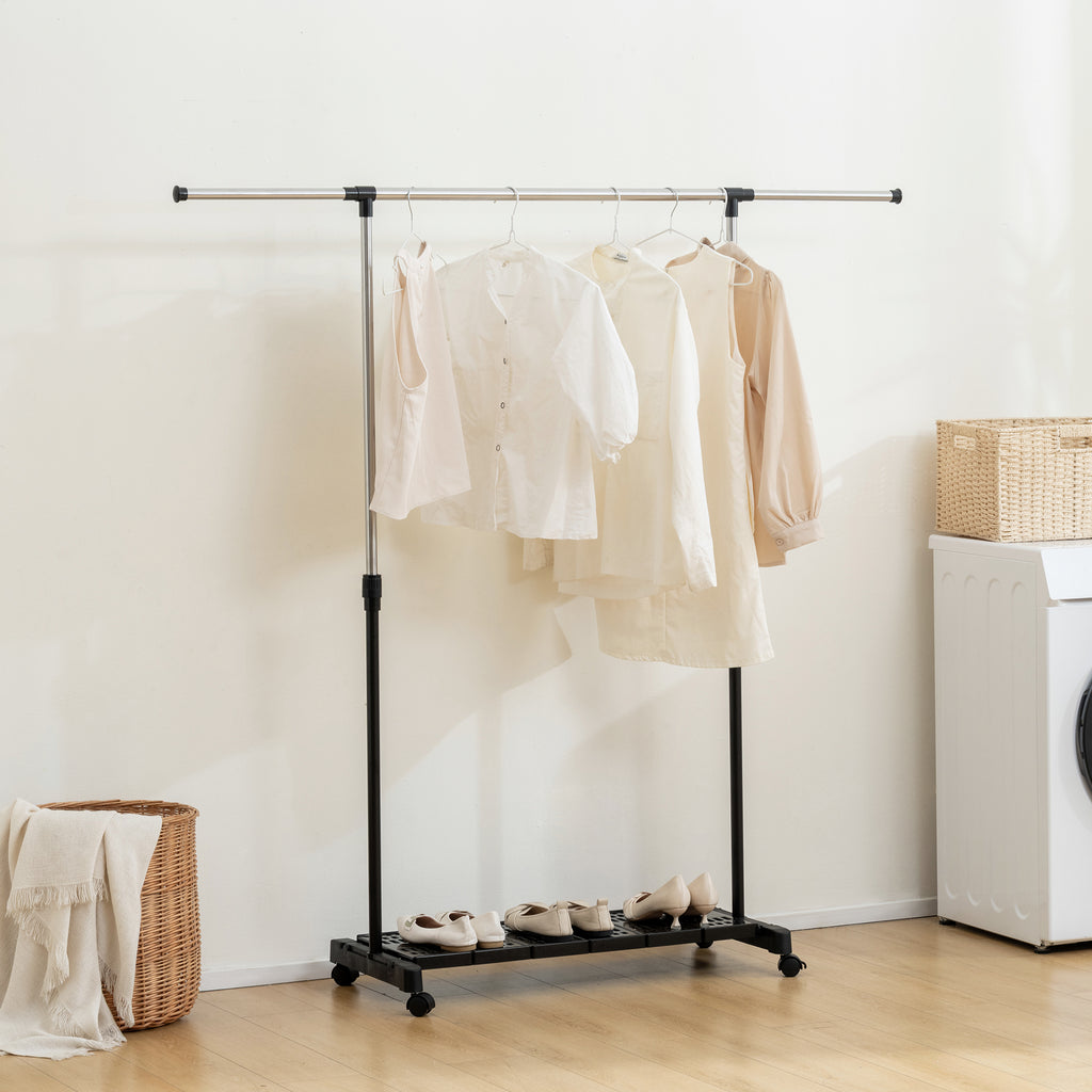 Charriot Extensível com Rodas Charriot de Roupa com Barra de Aço Inoxidável e Prateleira para Sapatos Altura Ajustável para Interior 94-159x42x93-168 cm Preto — foto 2