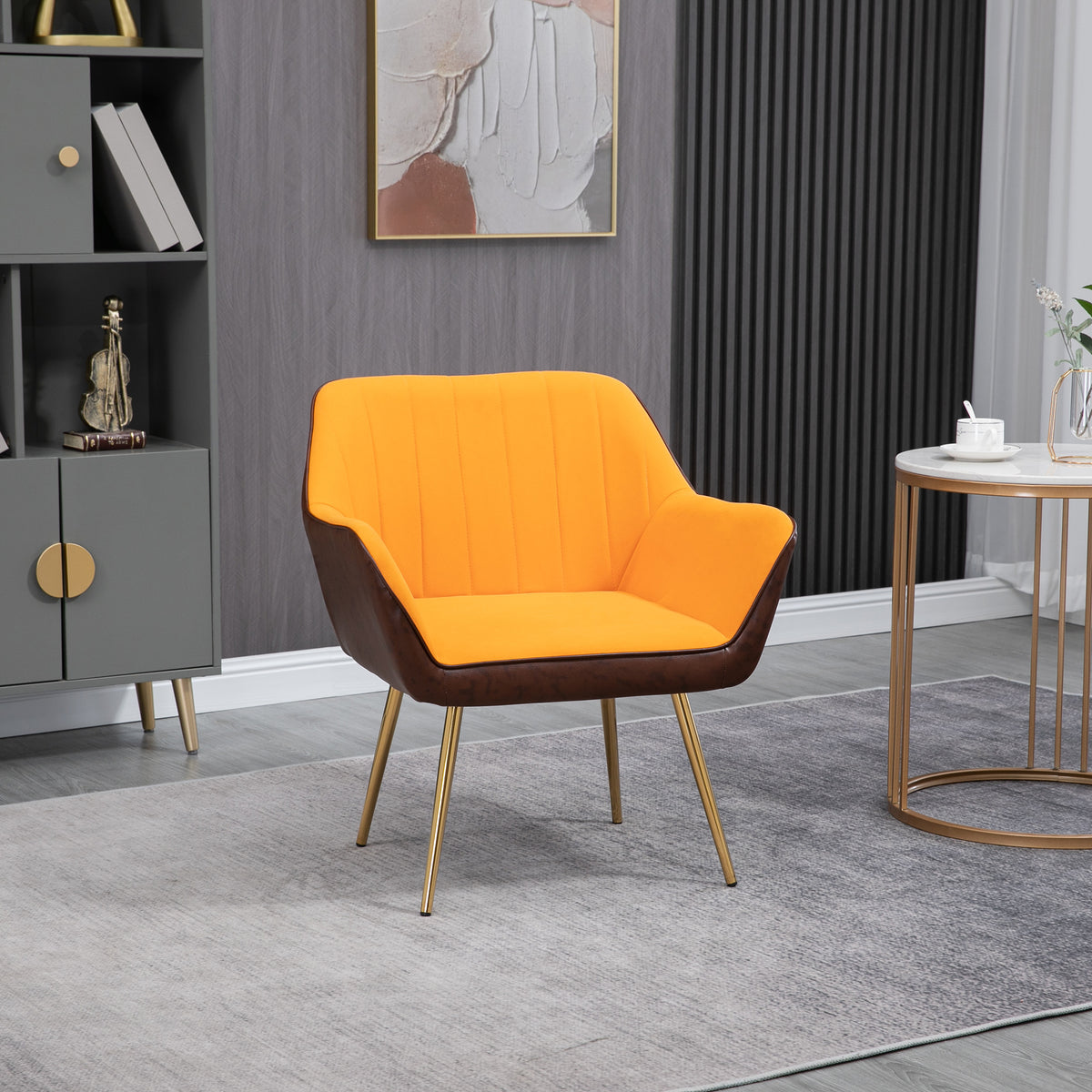 Poltrona de Sala de Estar Estofada em Couro Sintético e Veludo com Apoios para os Braços Pés Dourados e Estrutura de Aço Poltrona para Dormitório Carga 120 kg 64x62x72,5 cm Amarelo — foto 2