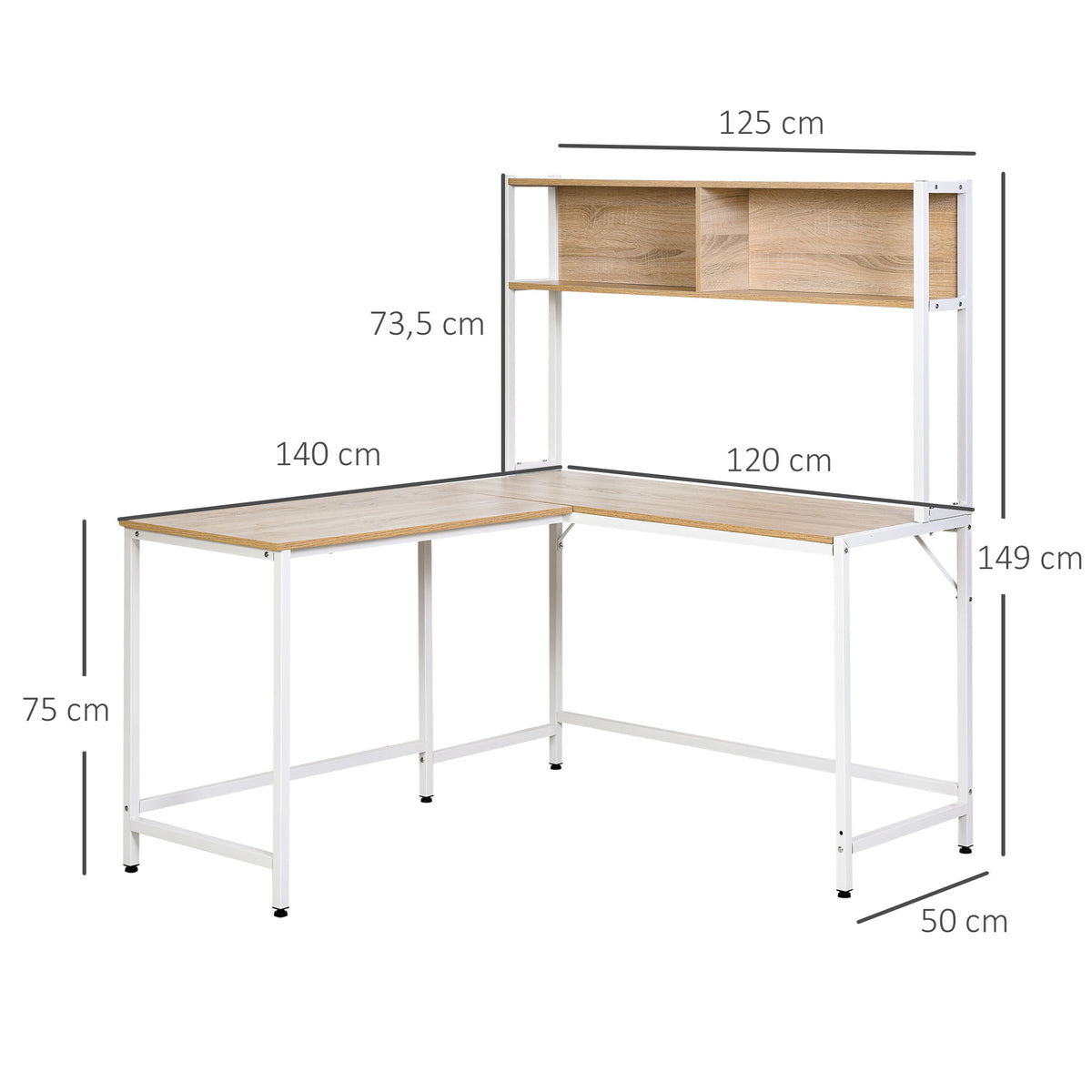 Secretária em Forma de L Multifuncional Secretária para Escritório ou Estúdio com Prateleiras Altas Amplo Espaço Estilo Minimalista 140x125x149cm Madeira e Branco — foto 3