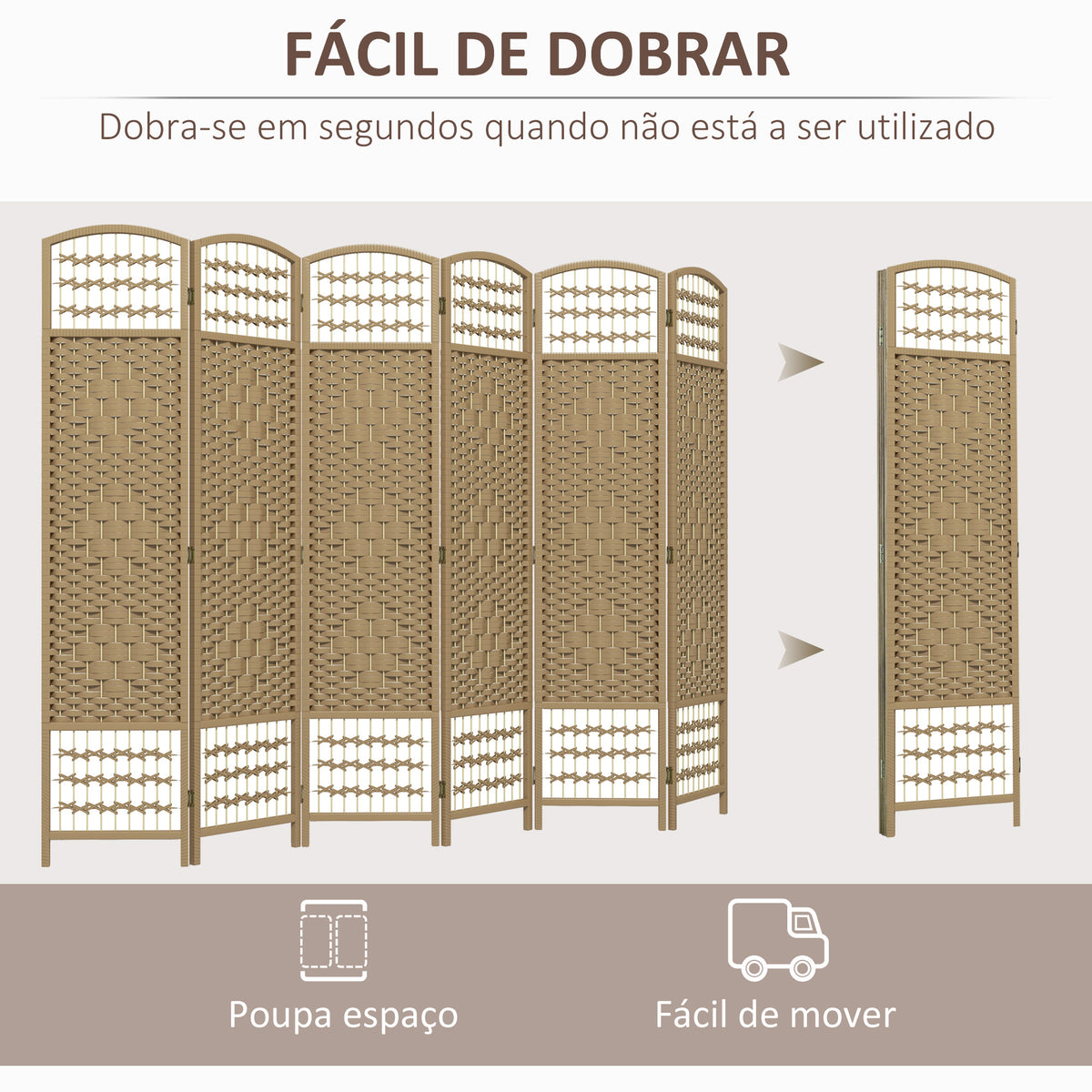 Biombo Dobrável de 6 Painéis, 240x170 cm, Separador de Ambientes em Corda de Papel, Estrutura de Madeira, Decoração para Quarto e Sala, Natural — foto 4