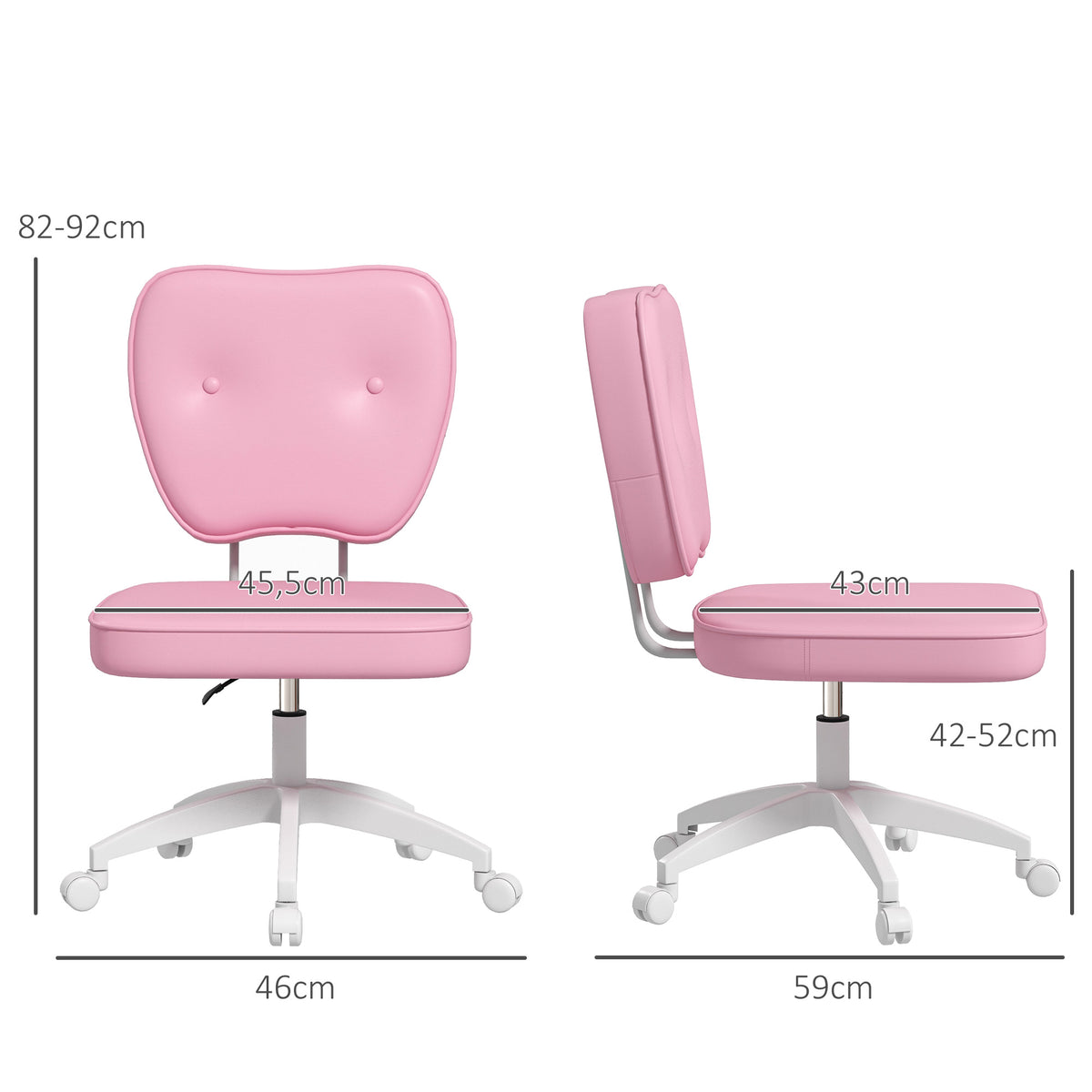 Cadeira de Escritório Estofada em PU Cadeira de Escritório Giratória com Altura Ajustável Sem Braços Carga 120 kg Cadeira de Estudo Dormitório 46x59x82-92 cm Rosa — foto 3