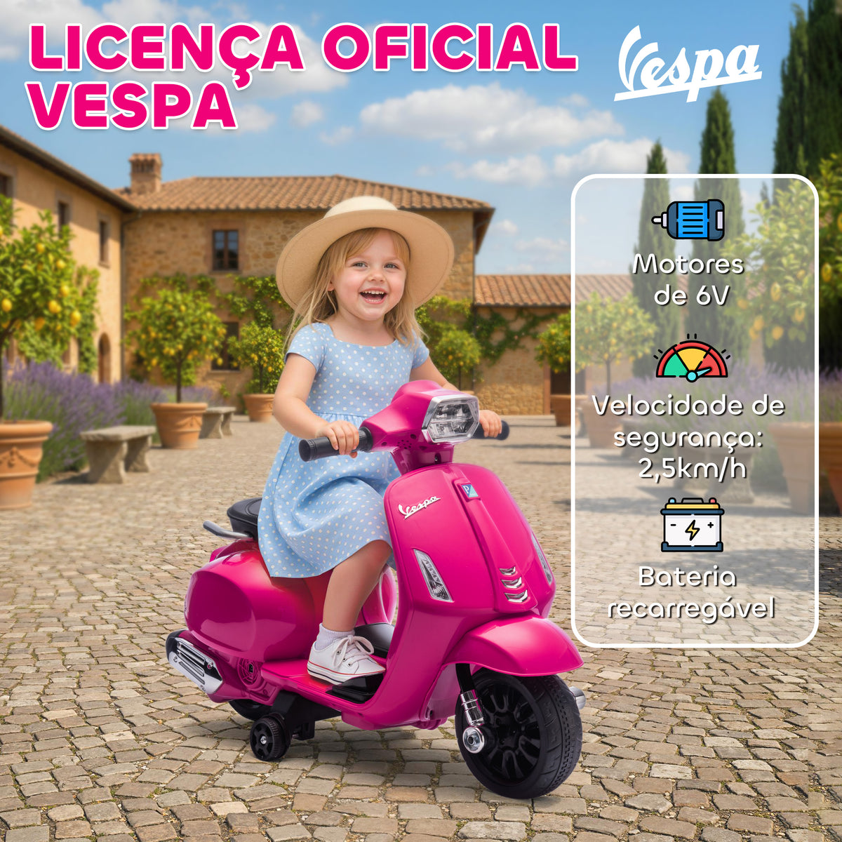 Mota Elétrica para Crianças 6V com Licença Vespa Mota Elétrica Infantil com Rodas Auxiliares Velocidade de 2,5km/h Farol e Buzina para Crianças de 2-6 Anos 71x37x52 cm Rosa — foto 4