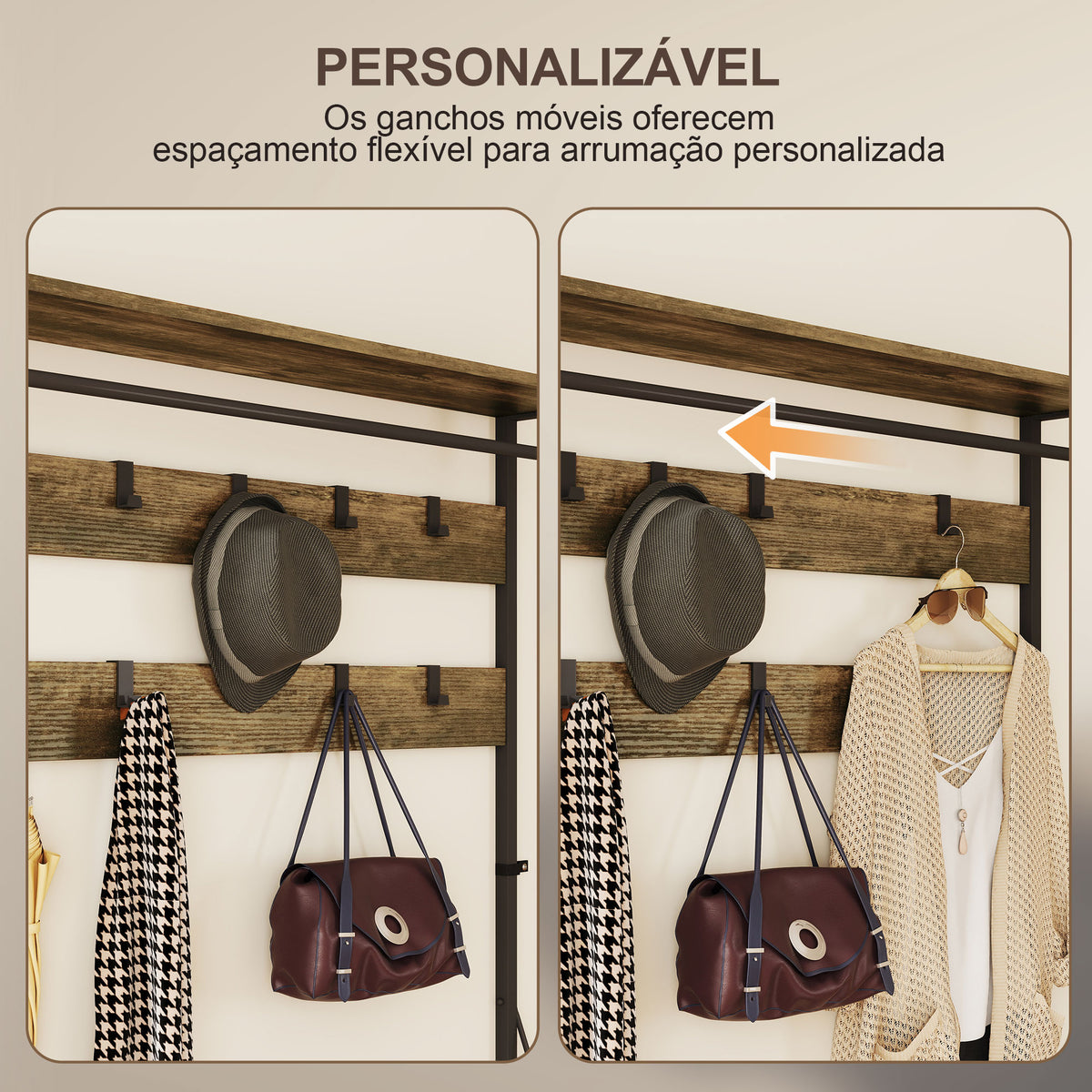 Móvel Cabide de Entrada 6 em 1 com Banco Móvel de Entrada com 10 Ganchos Ajustáveis 2 Gavetas Barra para Pendurar Estilo Industrial para Corredor 100x40x180 cm Castanho Rústico — foto 5