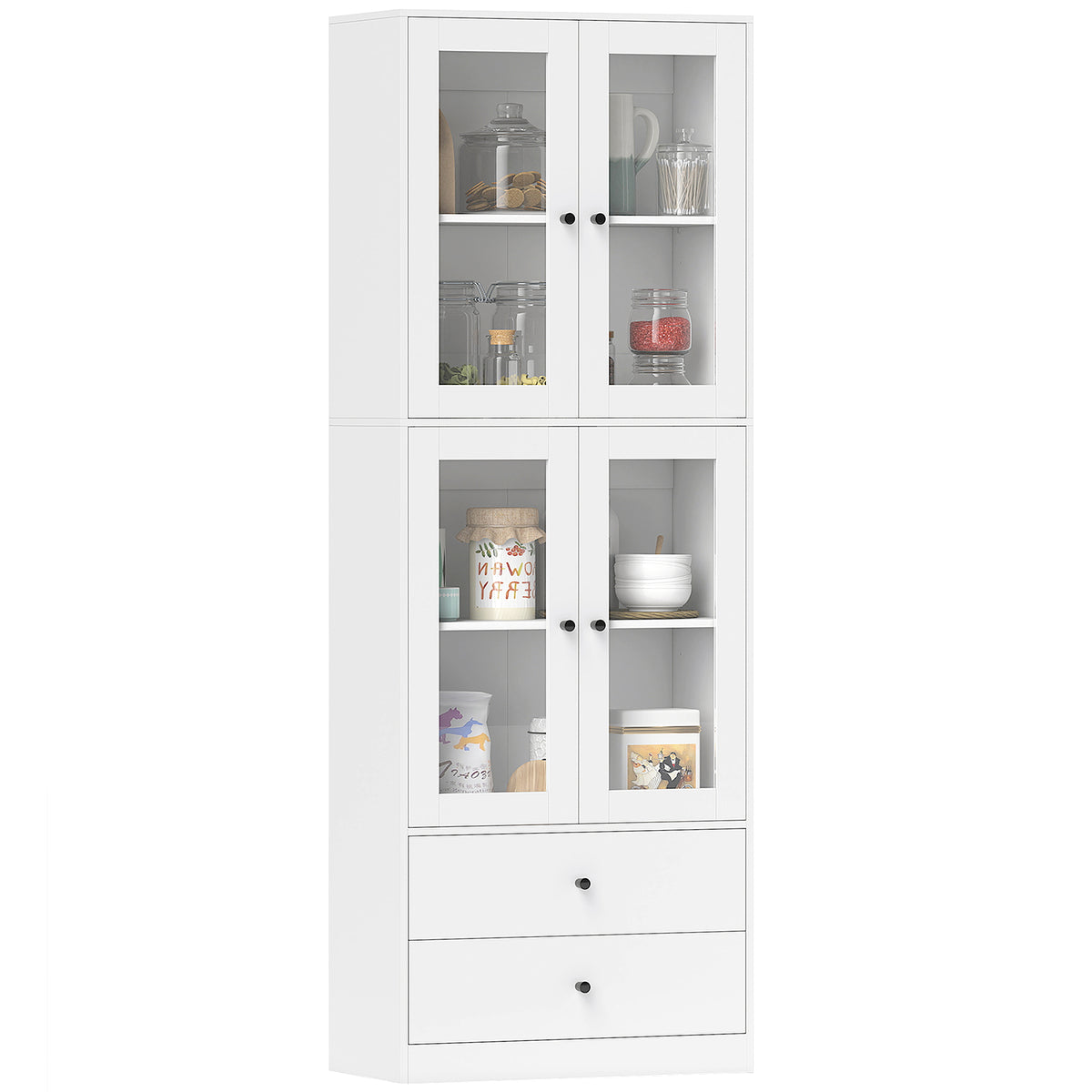 Armário de Cozinha Alto Móvel Auxiliar de Cozinha com 4 Portas de Vidro 2 Gavetas Prateleiras Ajustáveis 59x30x170 cm, Branco — foto 1