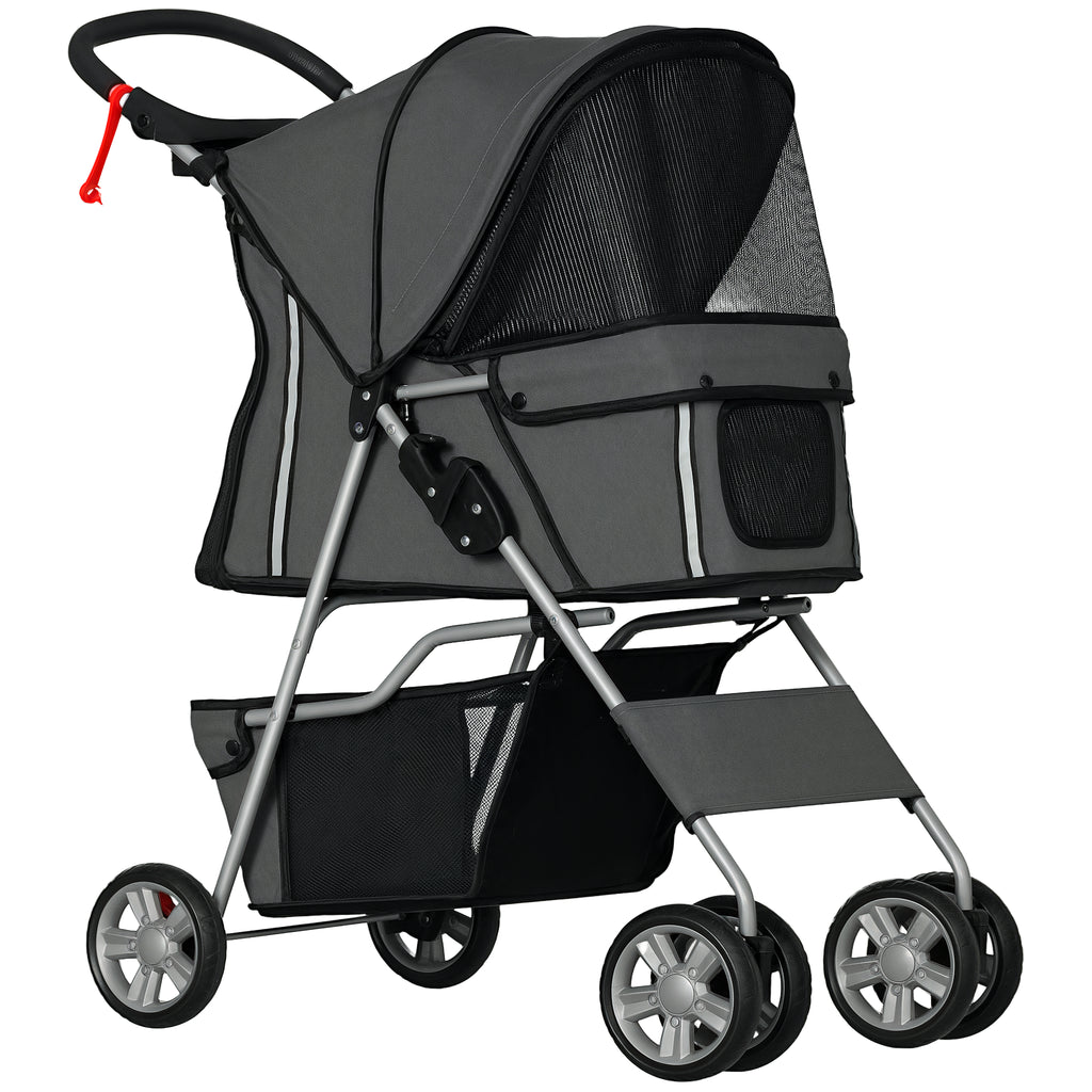 Carrinho para Cães Plegável, Coche para Cães Pequenos com Cesto de Armazenamento, Janelas de Rede, Suportes para Copos, Rodas EVA, Almofada Lavável, Travões, Carga 10 kg, 75x45x97 cm, Cinzento Escuro — foto 1