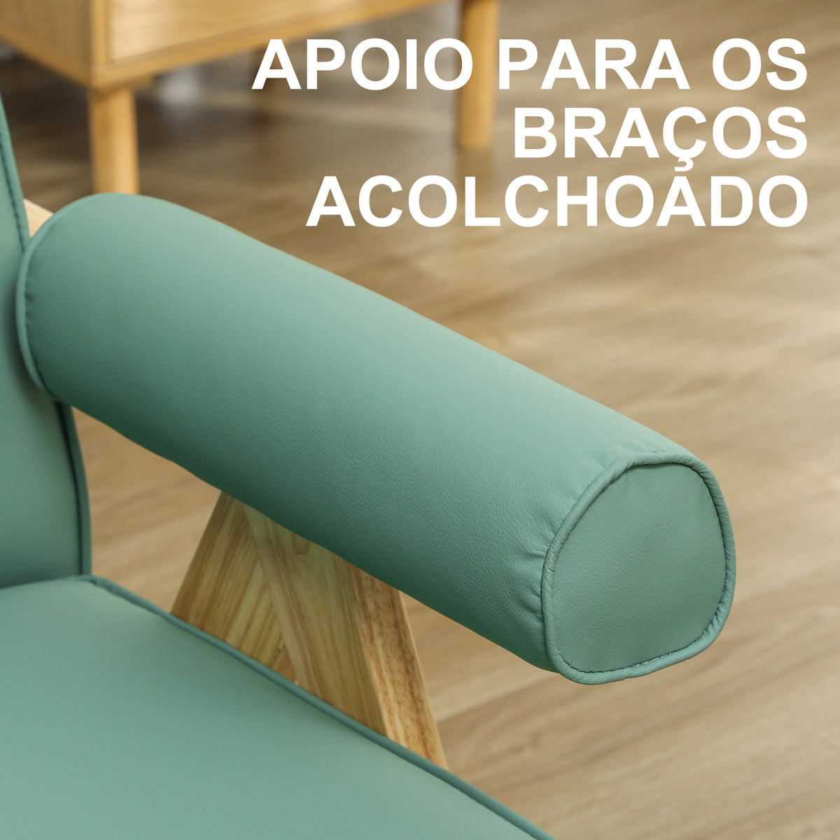 Poltrona Sala de Estar Poltrona Nórdica Poltrona Estofada em PU com Apoio para os Braços e Estrutura de Madeira de Borracha para Dormitório Carga 120 kg 73x70x80 cm Verde — foto 5