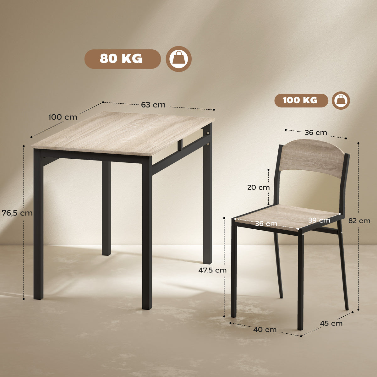 Conjunto de Mesa e Cadeiras de Refeição Mesa de Cozinha Retangular com 4 Cadeiras Estilo Moderno Estrutura Metálica para Espaços Pequenos Carvalho e Preto — foto 3