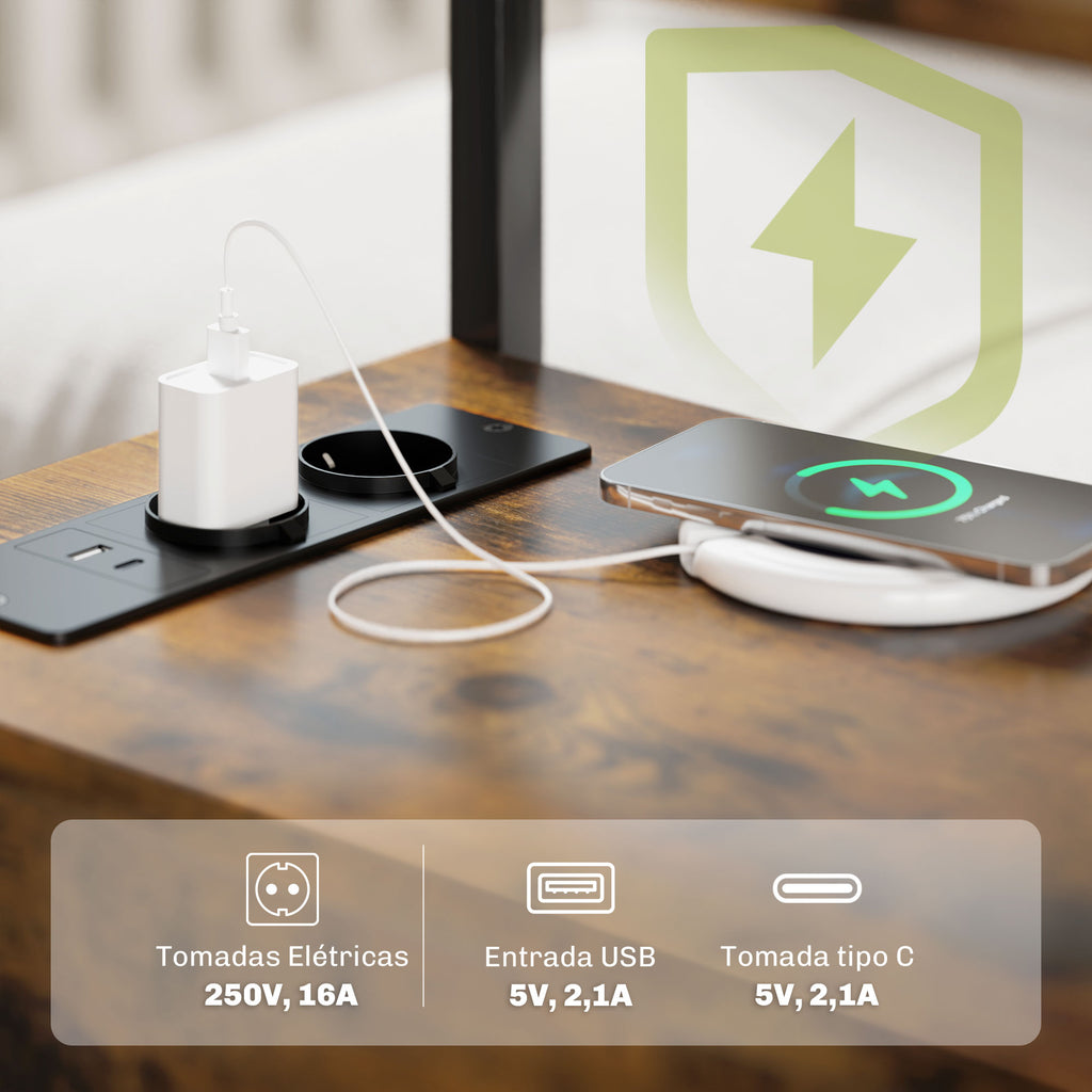 Mesa Auxiliar com Estação de Carga Entrada USB e Tomada Elétrica Mesa de Cabeceira com 2 Gavetas e Prateleira Aberta para Sala de Estar Dormitório 55x35x58,5 cm Marrom Rústico — foto 7