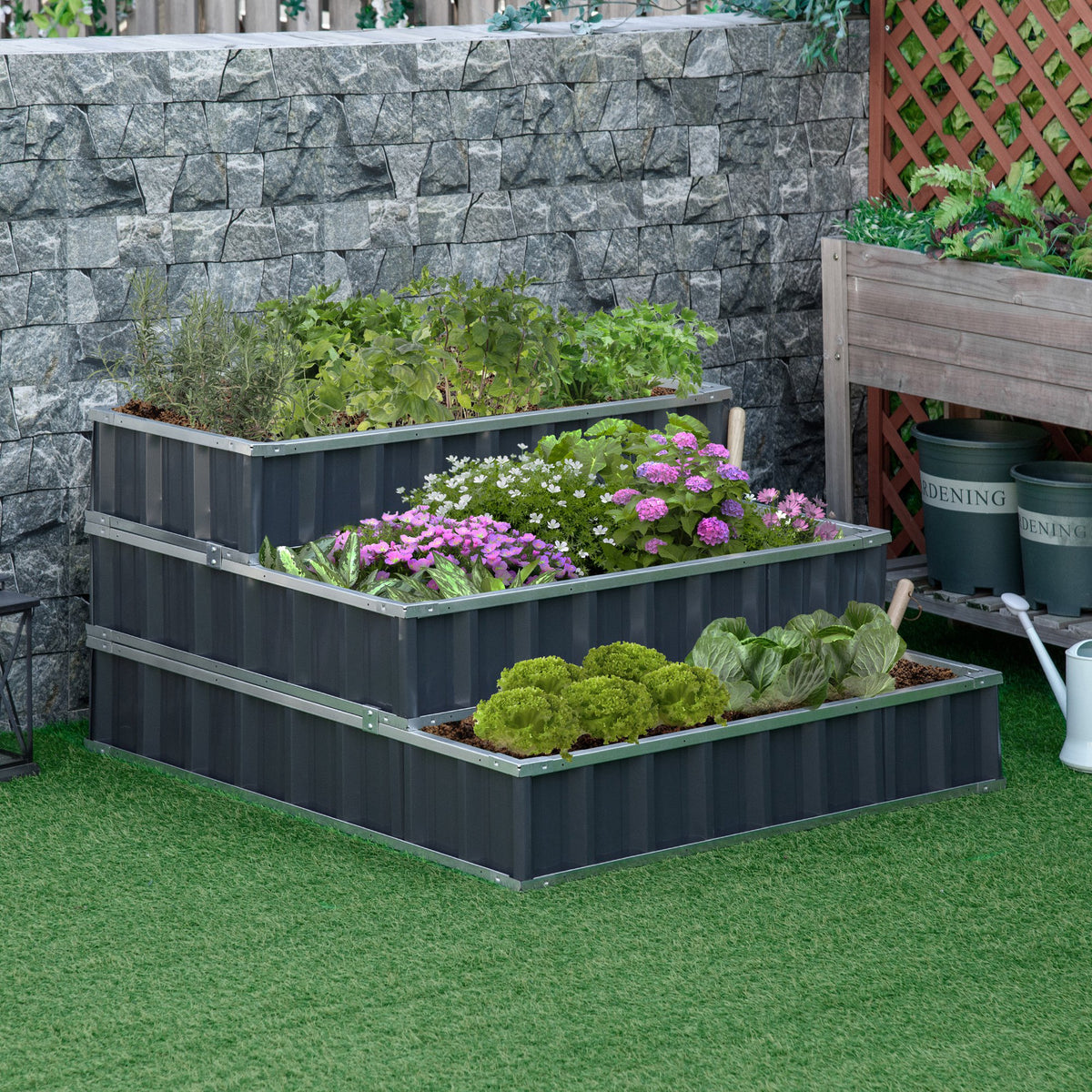 Caixa de Plantio de 3 Alturas para Jardim com Luvas Caixa de Plantio para Cultivos de Plantas Flores para Terraço Exterior 118x118x62cm Cinza — foto 2