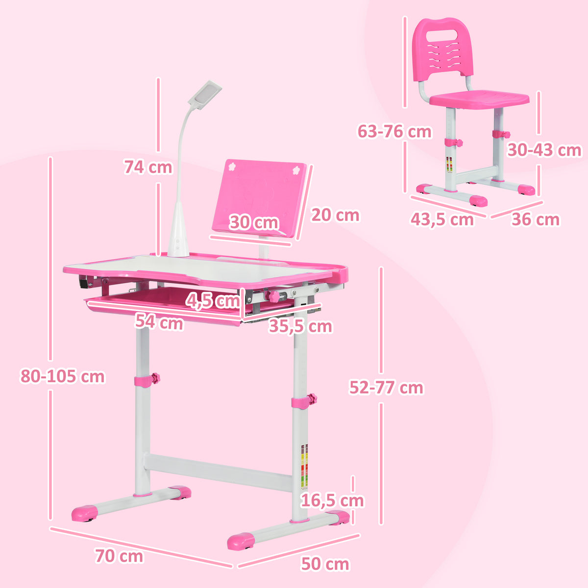 Conjunto de Secretária e Mesa para Crianças acima de 6 Anos Secretária Infantil com Altura Ajustável Mesa Inclinável Lâmpada Gaveta e Prateleira para Livros Rosa — foto 3