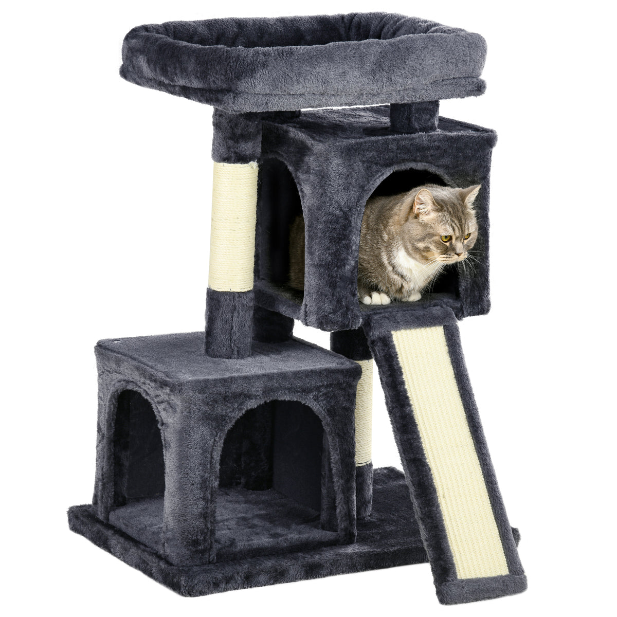 Arranhador para Gatos com Postes e Placa de Arranhar em Sisal Caverna Cama com Borda Elevada e Tato Suave 59x39x83 cm Cinza Escuro — foto 1