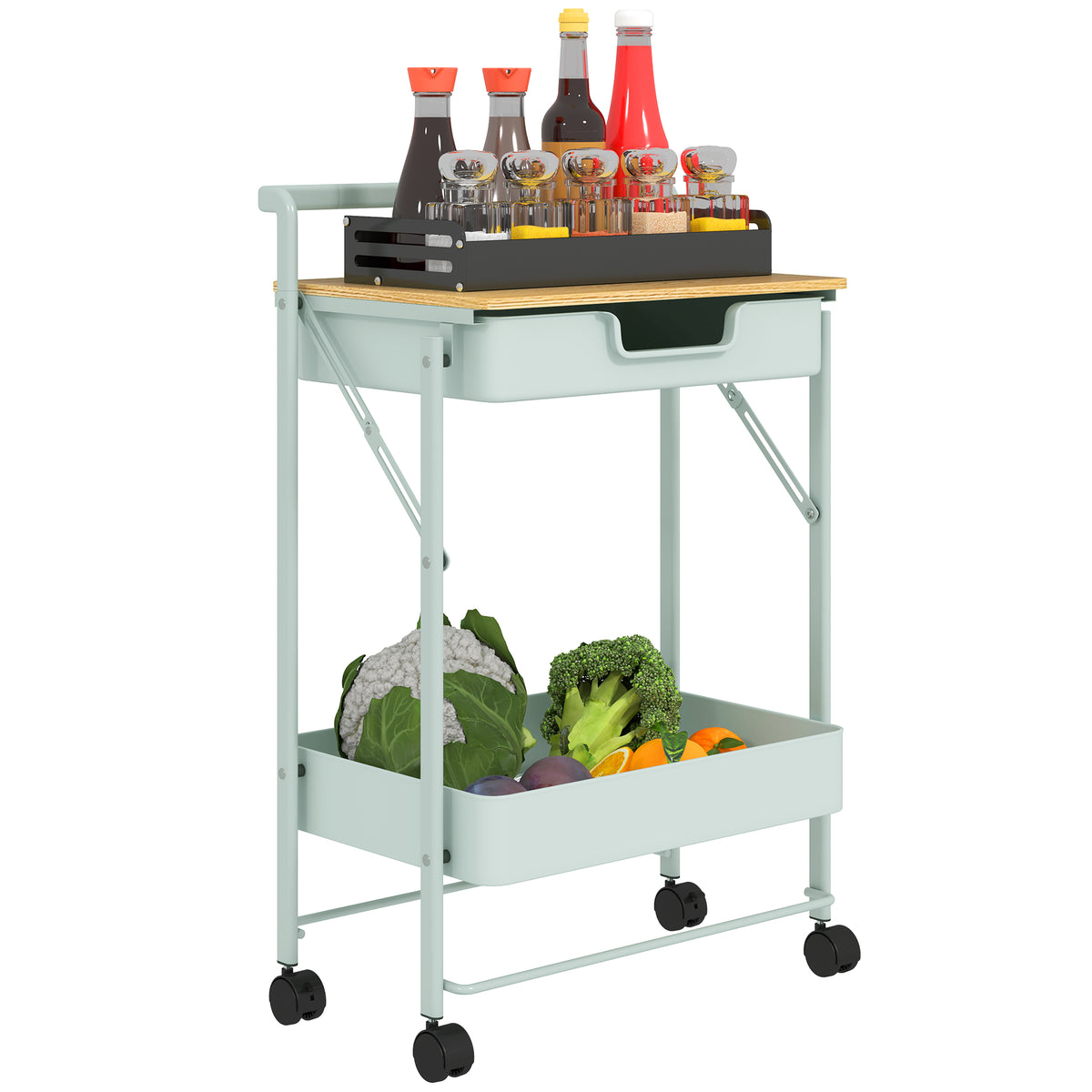 Carrinho Auxiliar com Rodas de 2 Níveis Carrinho de Cozinha com 1 Gaveta e 1 Cesto Carrinho Organizador para Dormitorio Sala Escritório 45x29,5x68 cm Verde Claro — foto 1