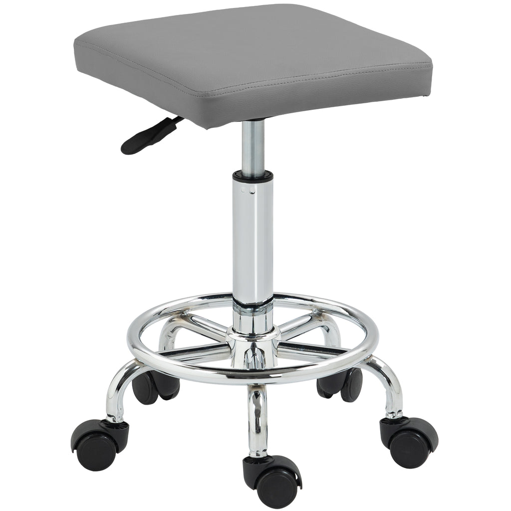 Banco Giratório Banco com Rodas Altura Regulável 50-66 cm Assento Estofado em Imitação de Couro Descanso para os Pés para Salões e Oficinas 34x34x50-66 cm Cinzento — foto 1