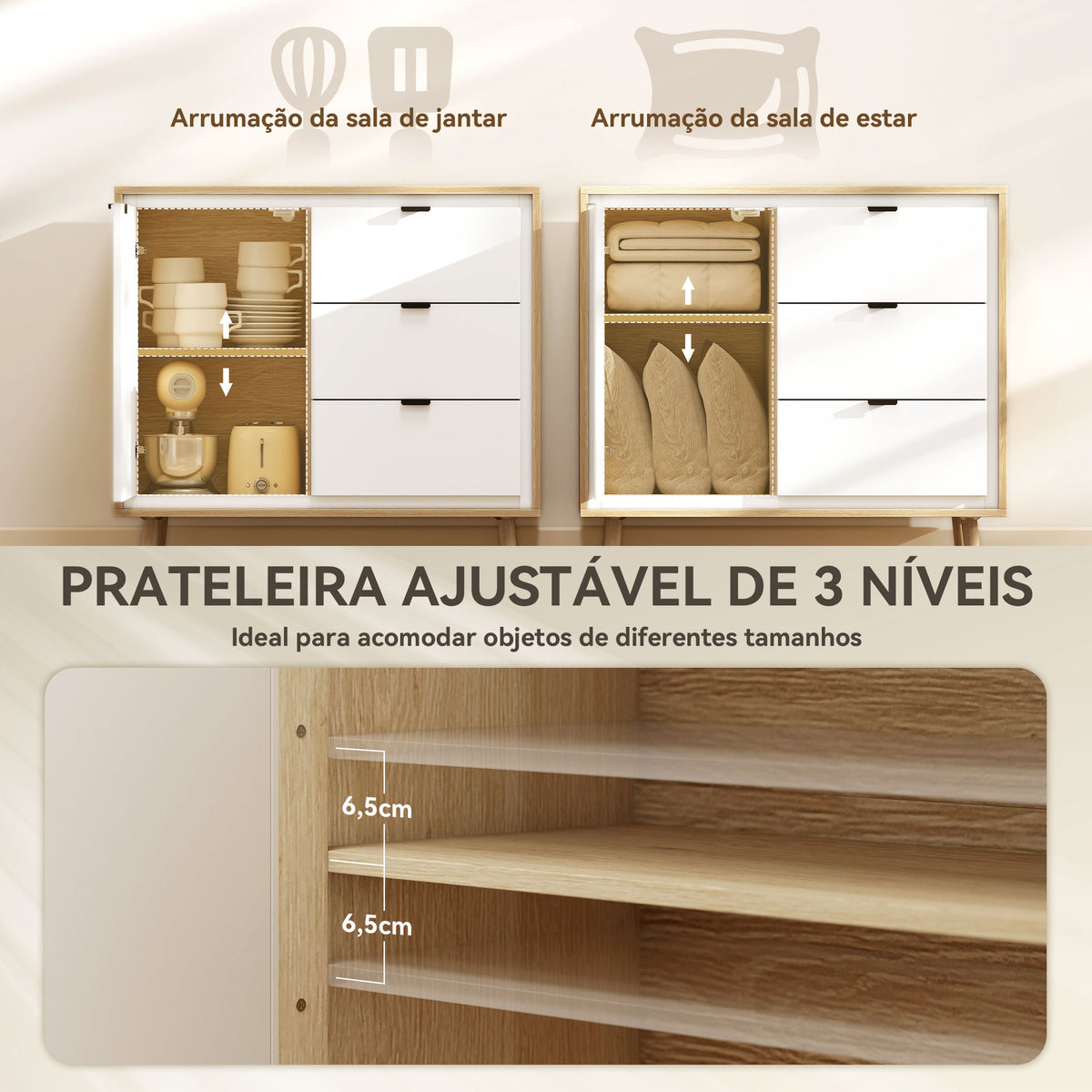 Aparador de Sala Moderno com 3 Gavetas Prateleira Ajustável e Pés em Madeira para Cozinha Entrada Quarto 80x35x77 cm Branco Brilhante e Carvalho — foto 6