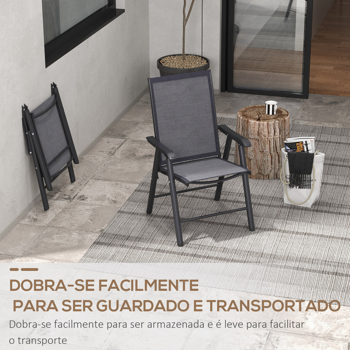 Conjunto de 2 Cadeiras Dobráveis para Exterior com Apoio para o Braço Cadeiras para Jardim com Textilene e Metal Carga 110 kg 58x64x94 cm Cinza Escuro — foto 5