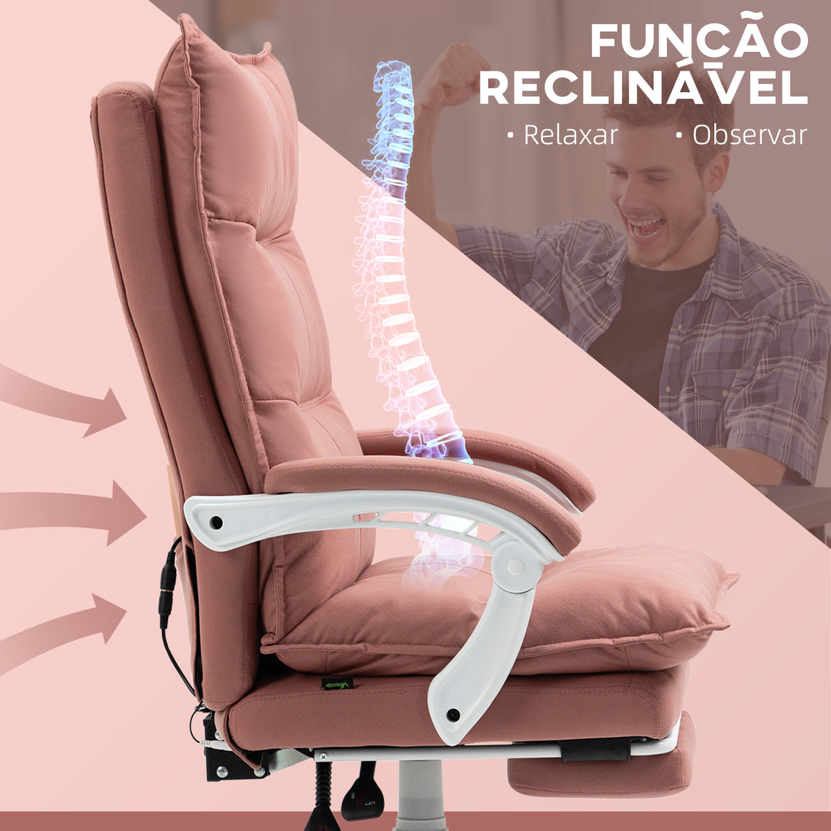 Cadeira de Escritório com 6 Pontos de Massagem e 5 Modos Cadeira de Escritório Reclinável com Função de Aquecimento Altura Ajustável e Rodas para Estúdio 66x74x114-121,5 cm Rosa — foto 5