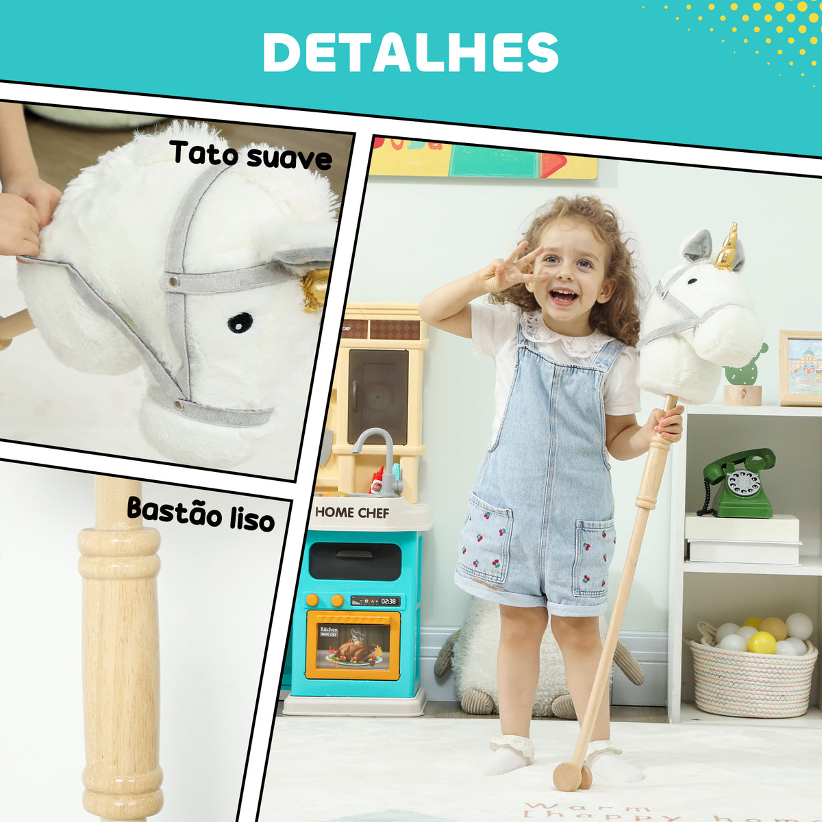 Cavalo com Pau de Madeira Design Unicórnio Sons e Rodas Cavalo de Brinquedo 95x25x27 cm Branco — foto 5