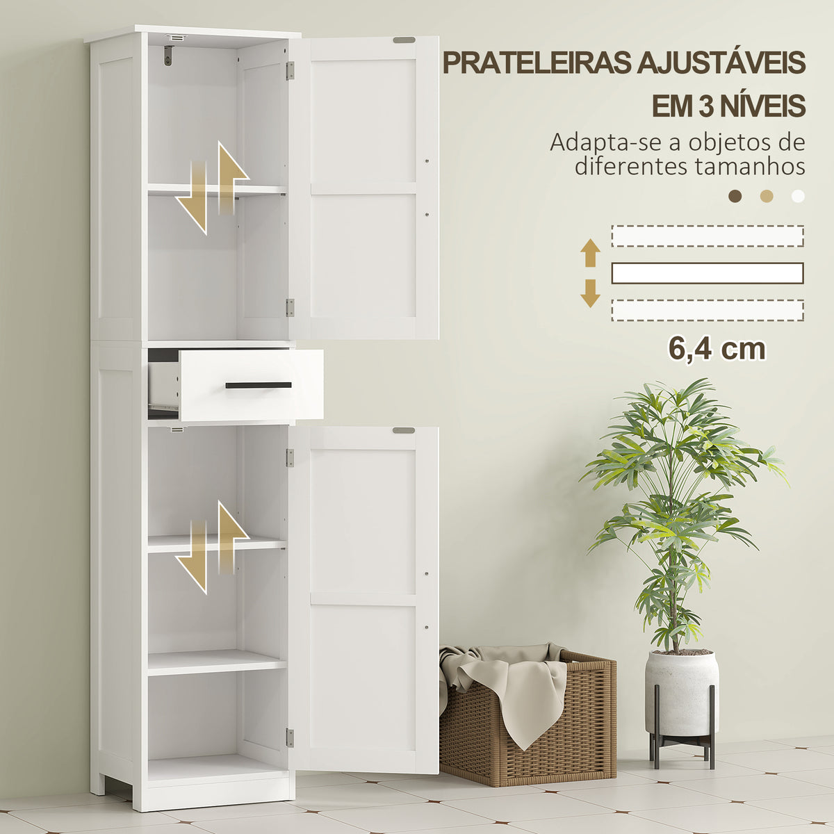 Coluna de Casa de Banho com 2 Portas 1 Gaveta e 2 Prateleiras Ajustáveis Armário Alto de Casa de Banho Estreito Estilo Rústico 40x30x170 cm Branco — foto 6