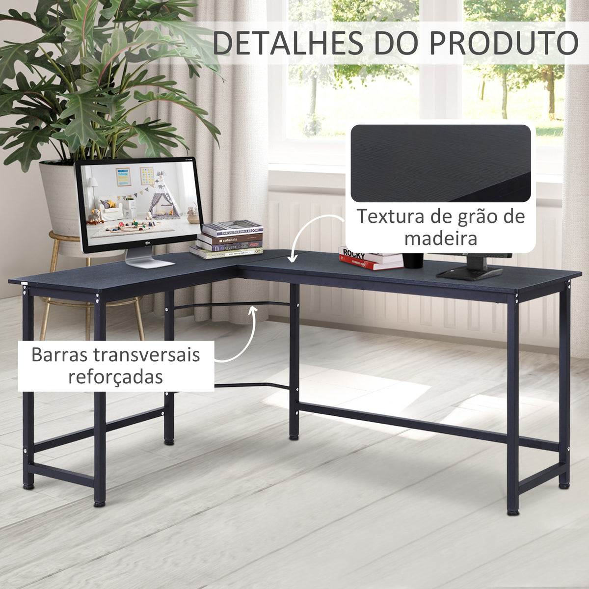 Secretária de Canto Mesa de Computador em Forma de L com Estrutura de Aço 168x120x75cm Preto — foto 6
