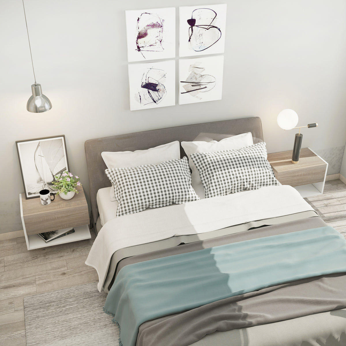 Conjunto de 2 Mesas de Cabeceira Flutuantes Mesas de Cabeceira Suspensas com 1 Gaveta e Prateleira Aberta para Dormitório 46x30x30 cm Carvalho e Branco — foto 2