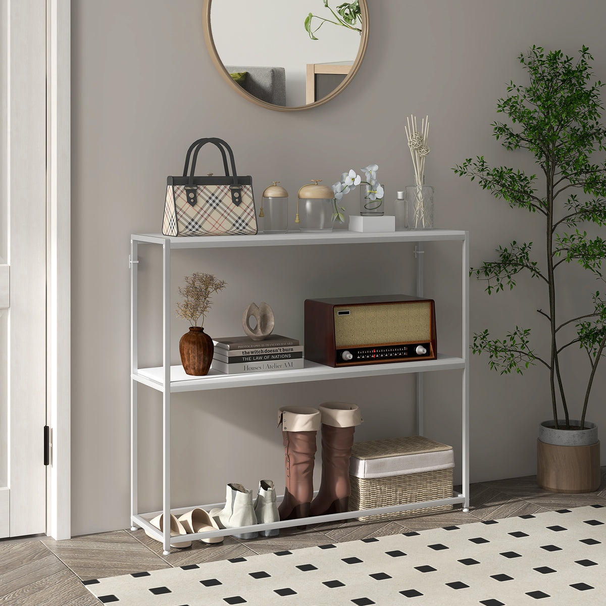 Mesa Consola de Entrada Mesa de Entrada com Estante Aberto e Estrutura de Aço Anti-tombo para Sala Corredor 100x30x87 cm Branco — foto 2