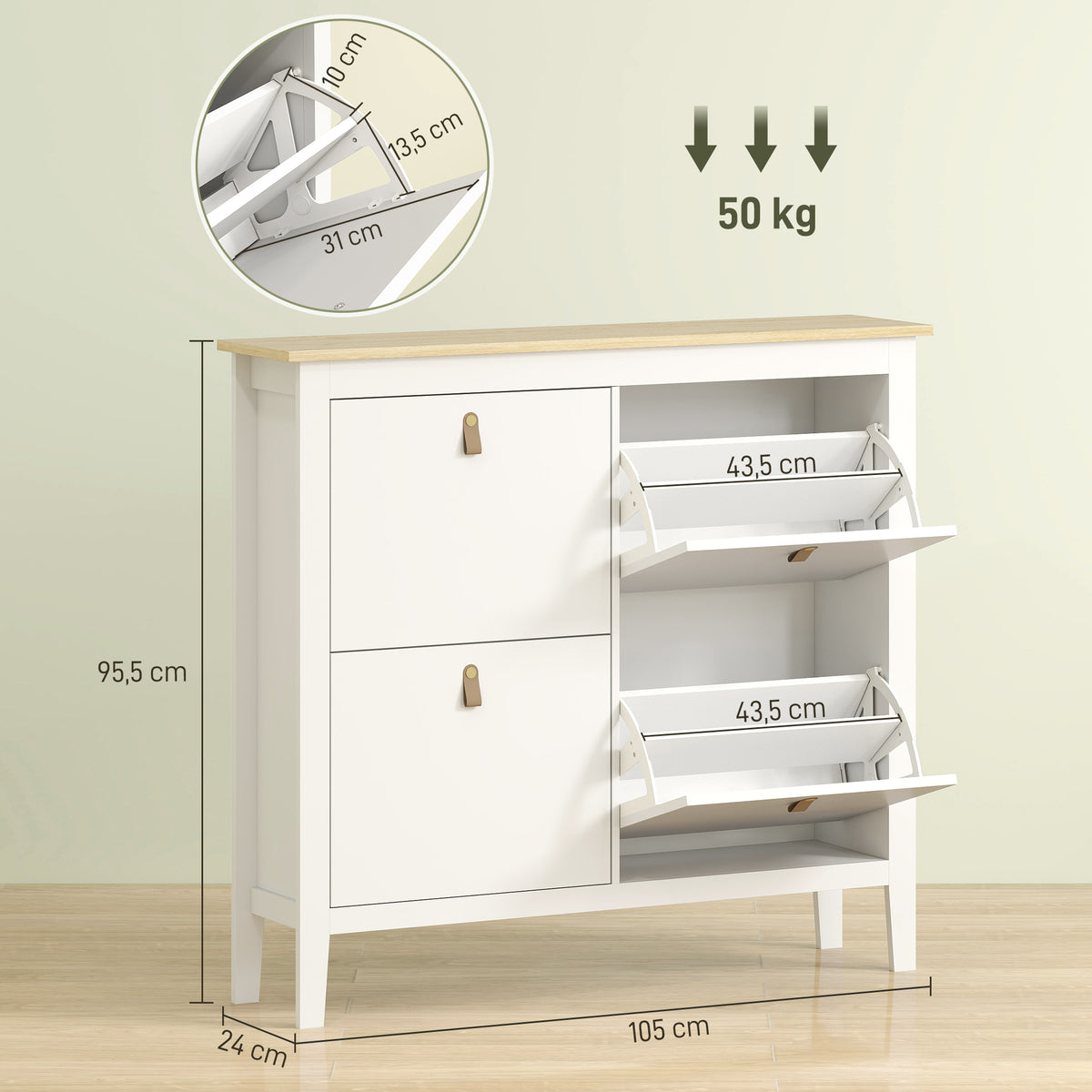 Sapateira Estreita Móvel Sapateira para Entrada com 4 Gavetas Abatíveis Prateleiras Ajustáveis e Puxadores em PU para 20 Pares de Sapatos para Corredor 105x24x95,5 cm Branco — foto 3