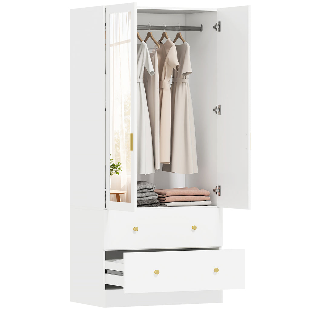 Roupeiro com 2 Portas e 2 Gavetas Armário Roupeiro com Espelho Barra para Pendurar Estilo Moderno 80x50x180 cm Branco — foto 1
