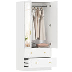Roupeiro com 2 Portas e 2 Gavetas Armário Roupeiro com Espelho Barra para Pendurar Estilo Moderno 80x50x180 cm Branco — foto 1