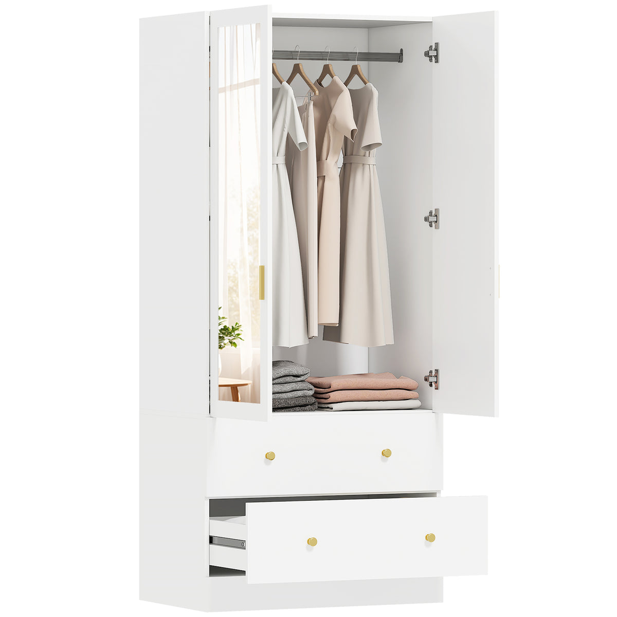 Roupeiro com 2 Portas e 2 Gavetas Armário Roupeiro com Espelho Barra para Pendurar Estilo Moderno 80x50x180 cm Branco — foto 1