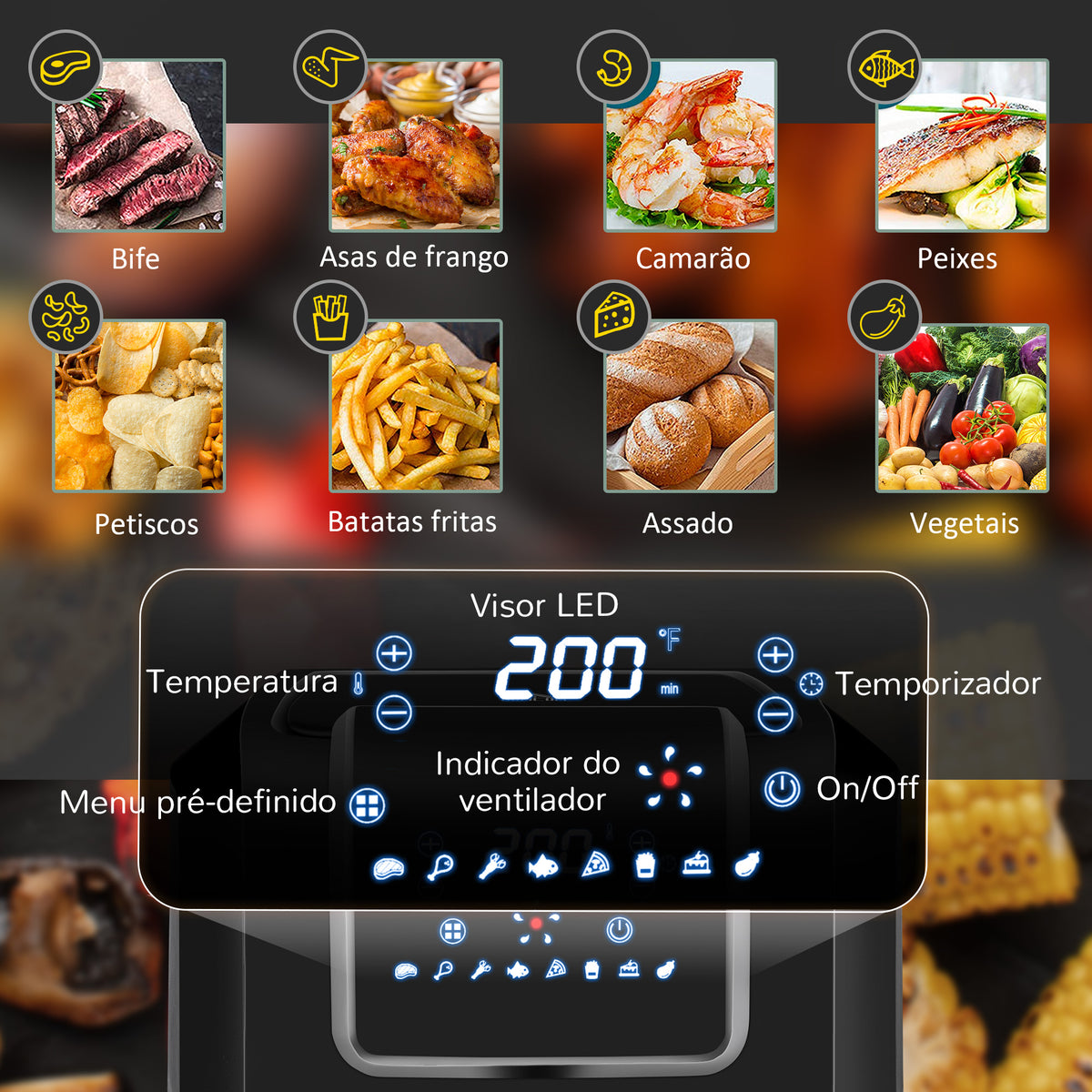 Fritadeira sem Óleo 6,5L 1700W Fritadeira de Ar Quente com 8 Programas Tela LED Tátil Temperatura Ajustável Temporizador e Cesta Antiaderente 36,5x29x33,8cm Preto — foto 4