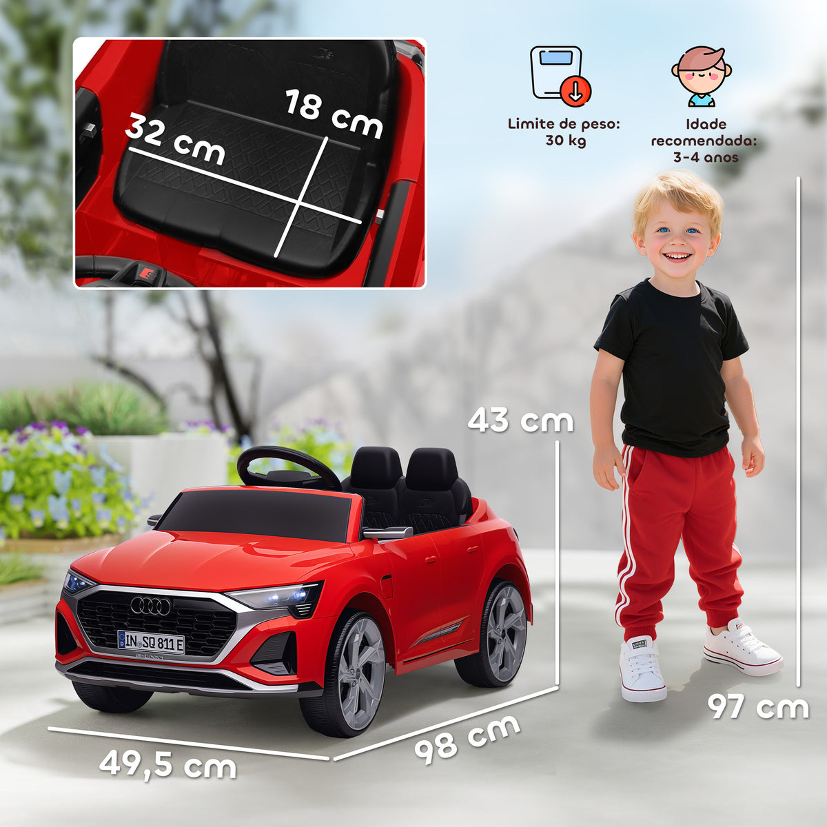 Carro Elétrico para Crianças acima de 3 Anos Carro Audi Q8 Etron Sportback Infantil com Bateria 12V Controlo Remoto Faróis Buzina e Música 98x49,5x43 cm Vermelho — foto 3