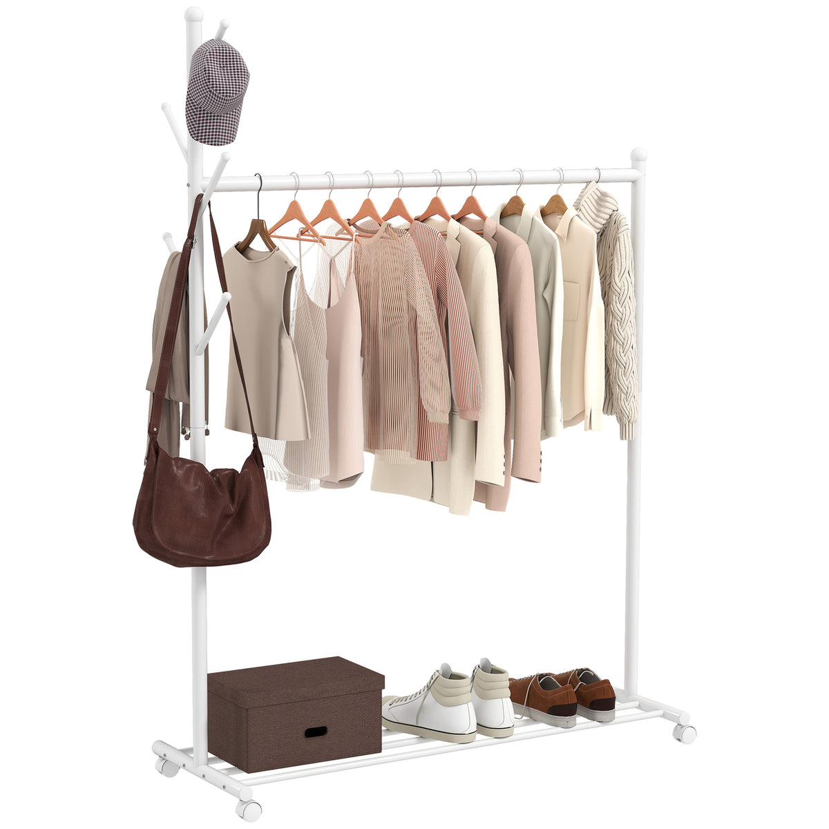 Charriot com Rodas Charriot com 5 Ganchos Barra para Pendurar e Prateleira Inferior Charriot para Dormitório Lavandaria 120x43x171 cm Branco — foto 1
