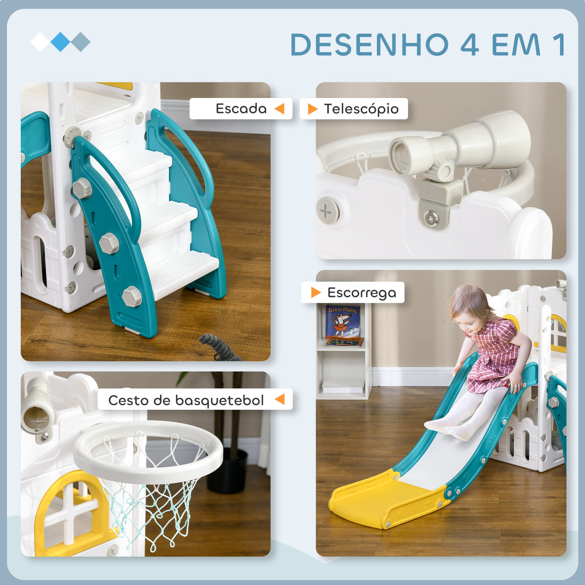 Escorrega Infantil 4 em 1 para Crianças de 1-3 Anos com Cesto de Basquetebol Telescópio Escalador e Espaço de Arrumação para Interior e Exterior 70x177x92 cm Amarelo e Verde — foto 4
