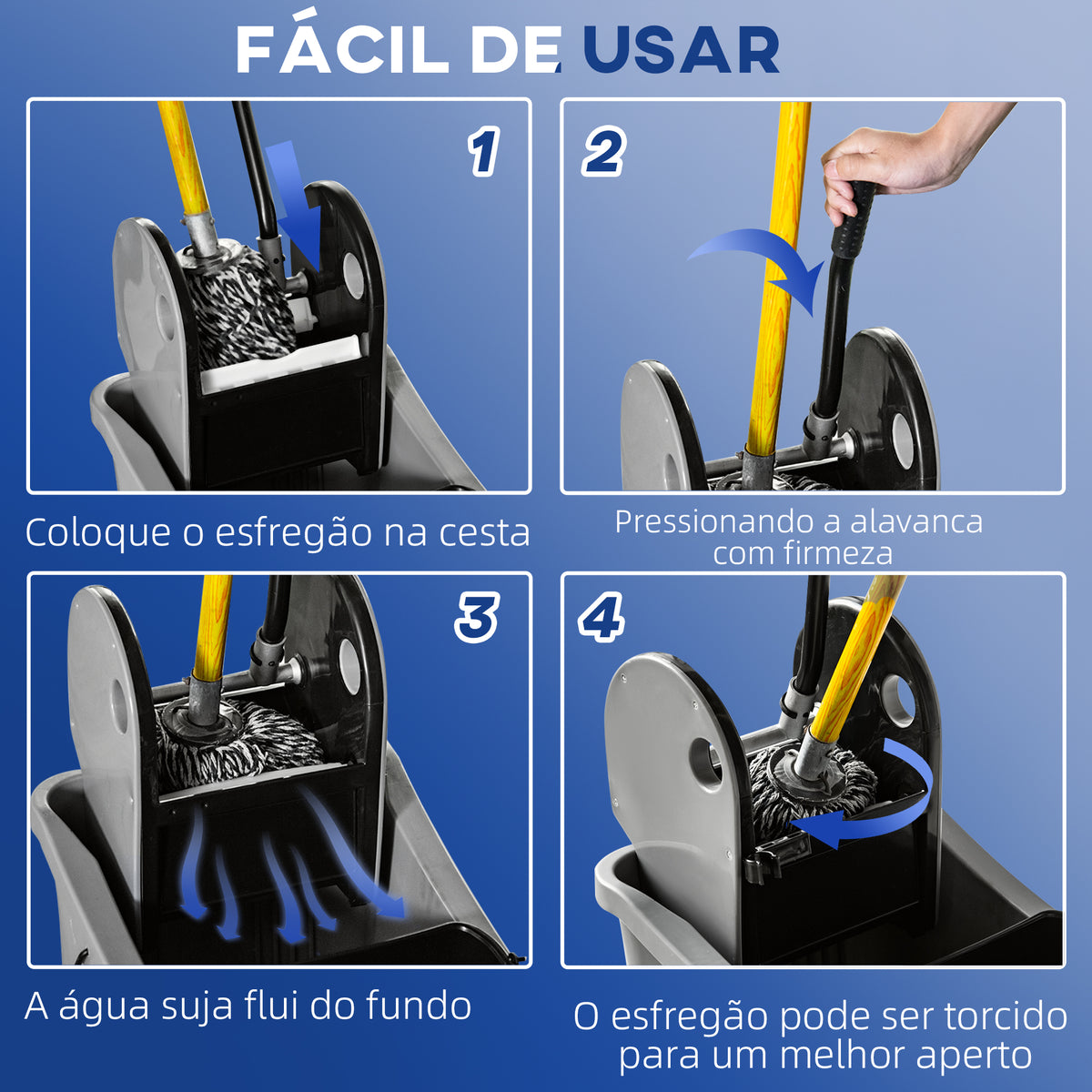 Balde de Esfregona Comercial Balde de Esfregona com Espremedor de Pressão para Baixo Capacidade 36L com 4 Rodas Silenciosas 2 Cubetas Separadas 54x41x91,5 cm Cinza — foto 5
