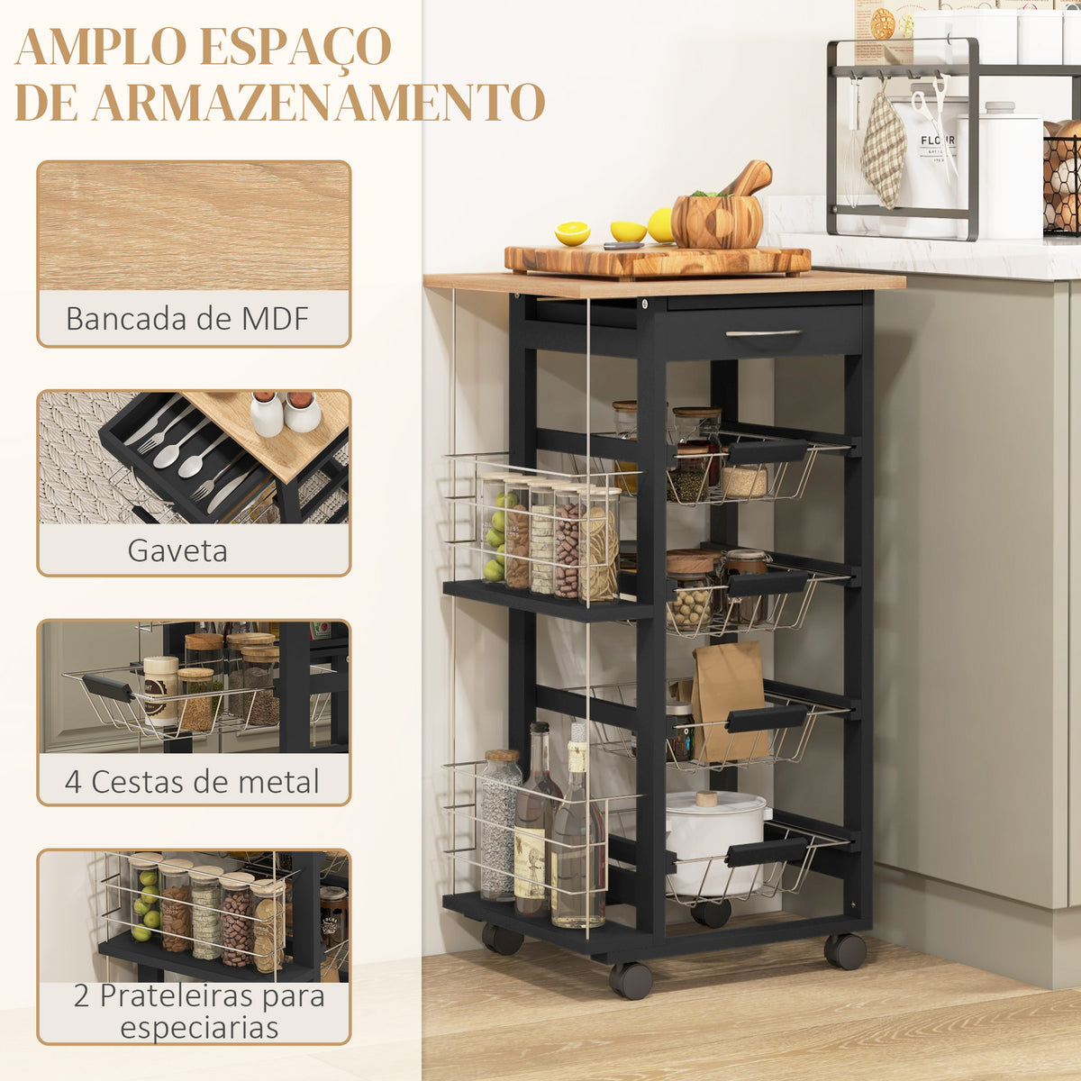 Carrinho de Cozinha com Rodas Carrinho Auxiliar com Gaveta 4 Cestas Amovíveis de Metal e Prateleiras Laterais 47x37x83 cm Preto e Madeira — foto 4