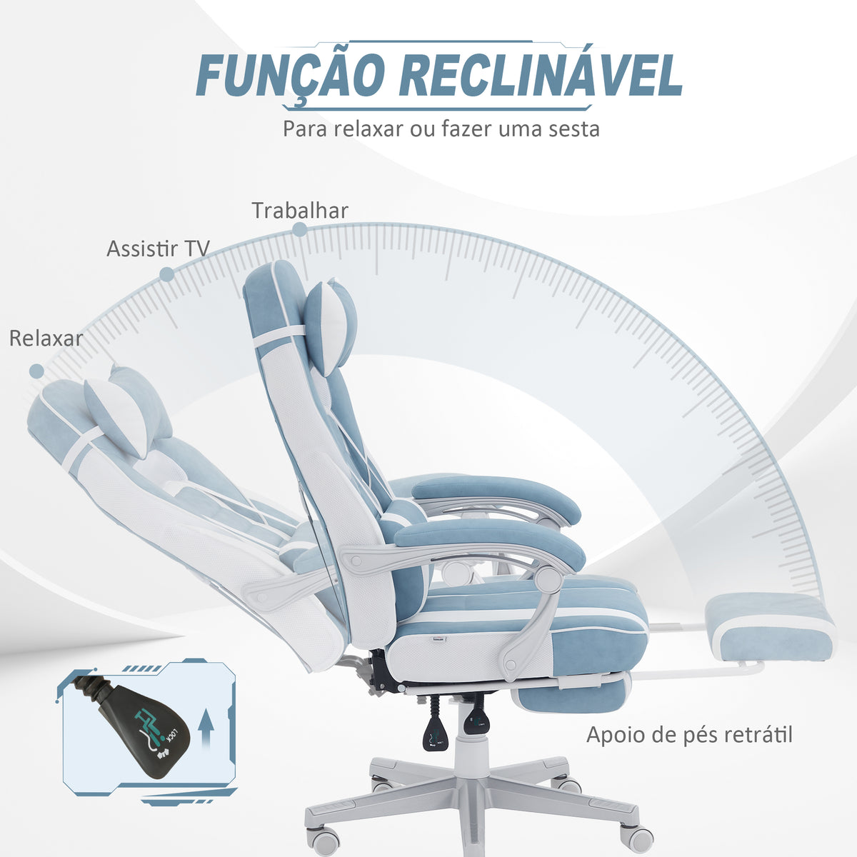 Cadeira Gaming Reclinável com Altura Ajustável, Apoio para os Pés Retrátil, Suporte Lombar e Almofada de Cabeça Removível, para Escritório ou Estudo, Azul — foto 5