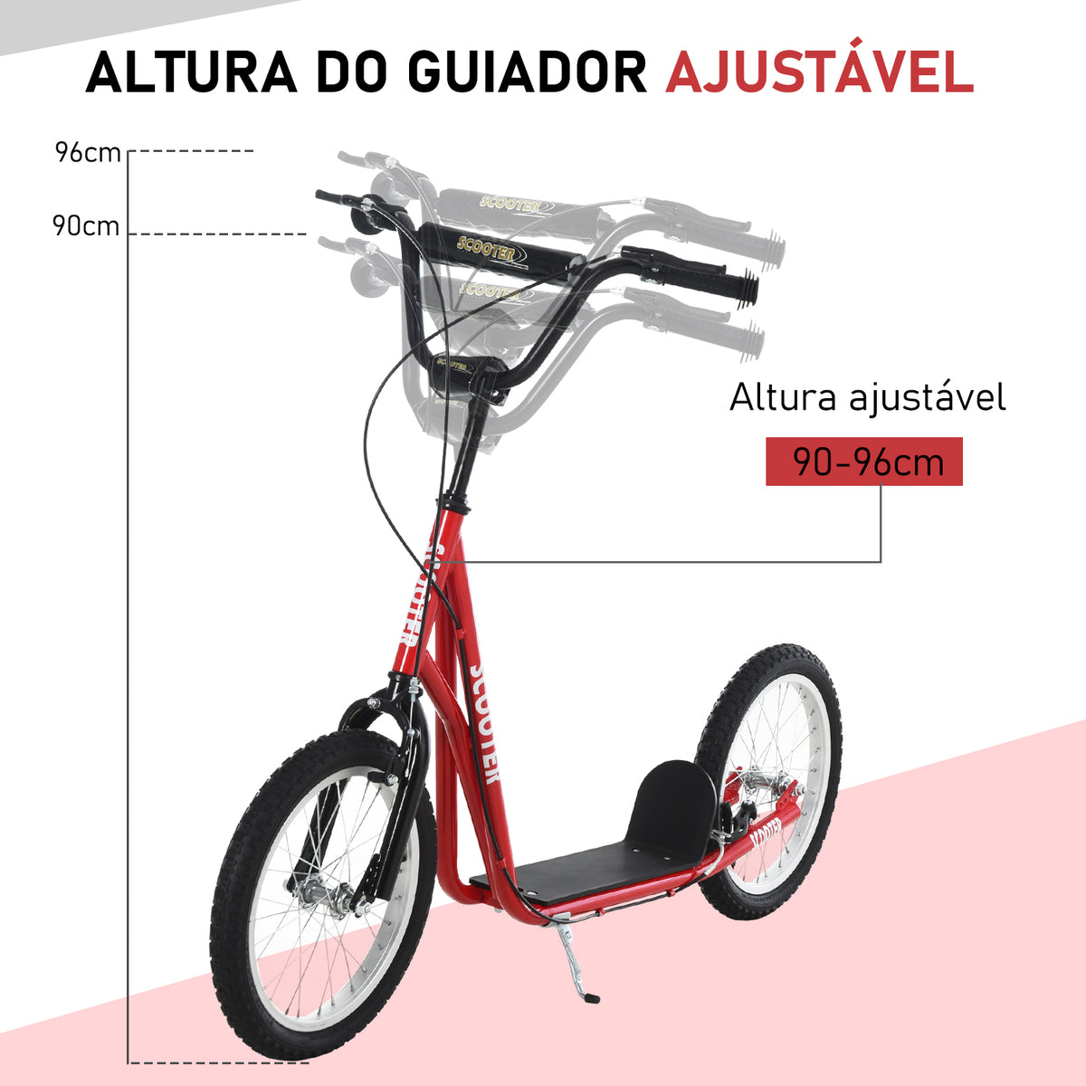 Trotinete para Crianças acima de 5 Anos e Adolescentes com Guiador Ajustável em Altura 2 Pneus de Borracha Insufláveis com Travagem Dupla e Rodas 16" Carga 100 kg 139x58x90-96 cm Vermelho — foto 4