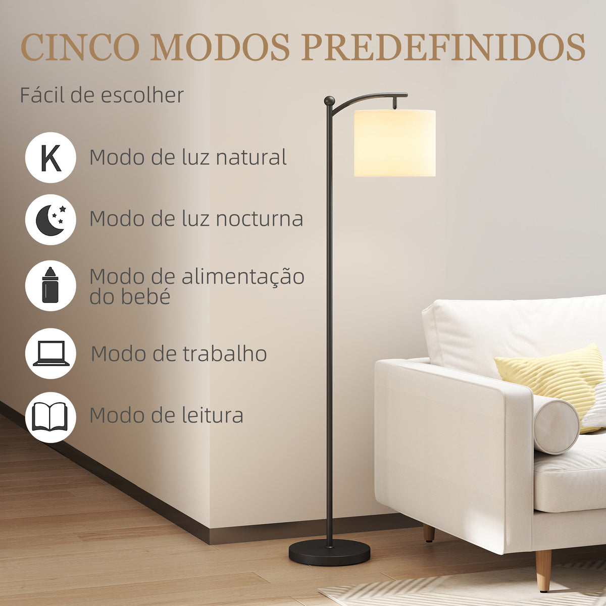 Candeeiro de Pé LED Candeeiro de Pé para Sala com Temperatura de Cor de Ajuste Contínuo 11 Níveis Comando à Distância Temporizador de 60 Minutos 54,3x30,6x159,6 cm Preto — foto 7