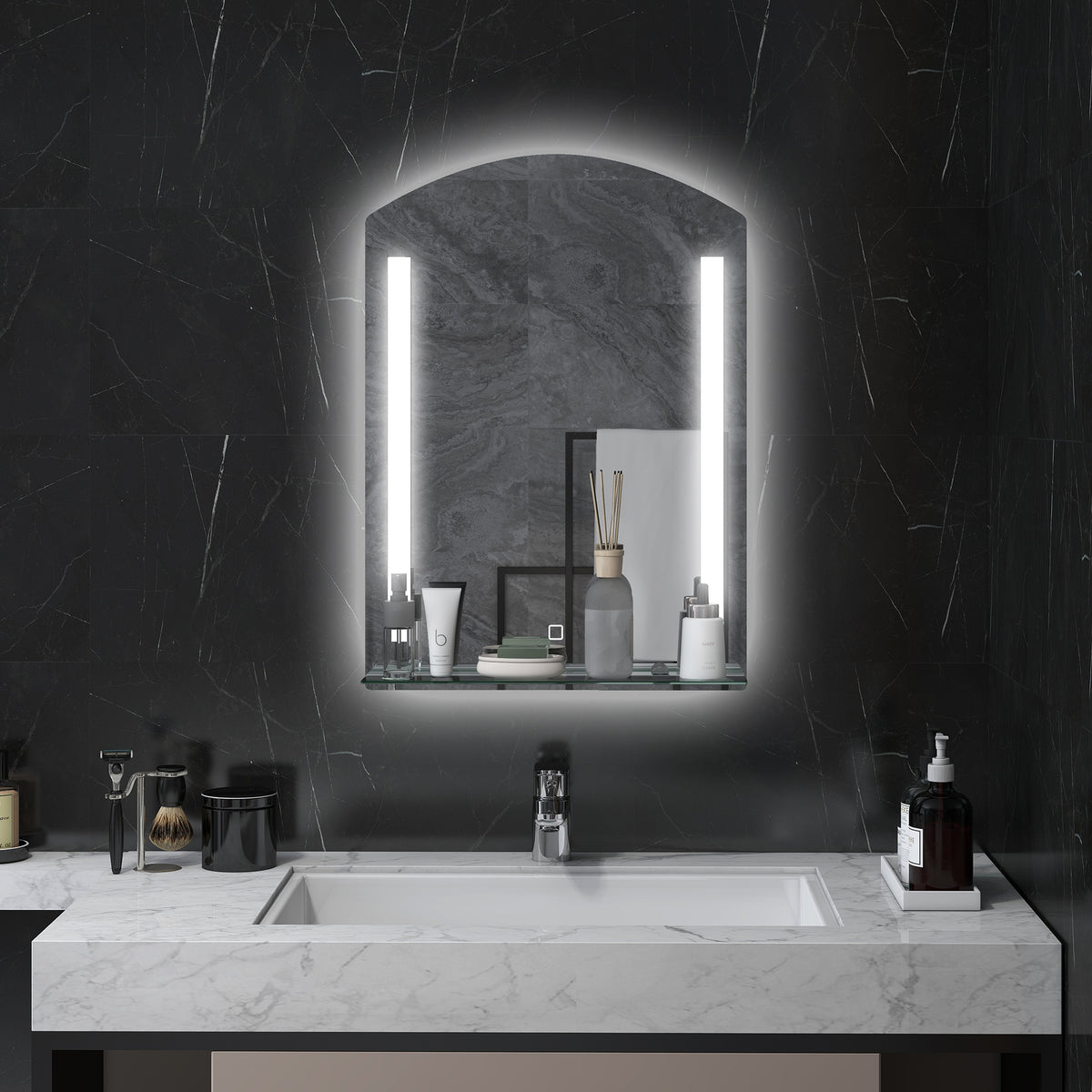 Espelho Casa de Banho com Luzes LED 70x50 cm Espelho Casa de Banho com Interruptor Tátil Iluminação Ajustável Função de Memória e Prateleira de Vidro para Casa de Banho Entrada Prata — foto 2