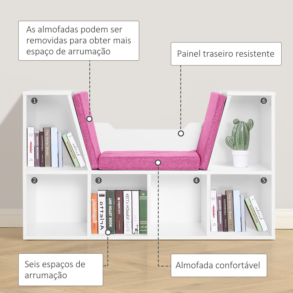 Estante Infantil com Assento Estante com 6 Cubos e Banco com Almofada 102x30x61cm Branco e Rosa — foto 6