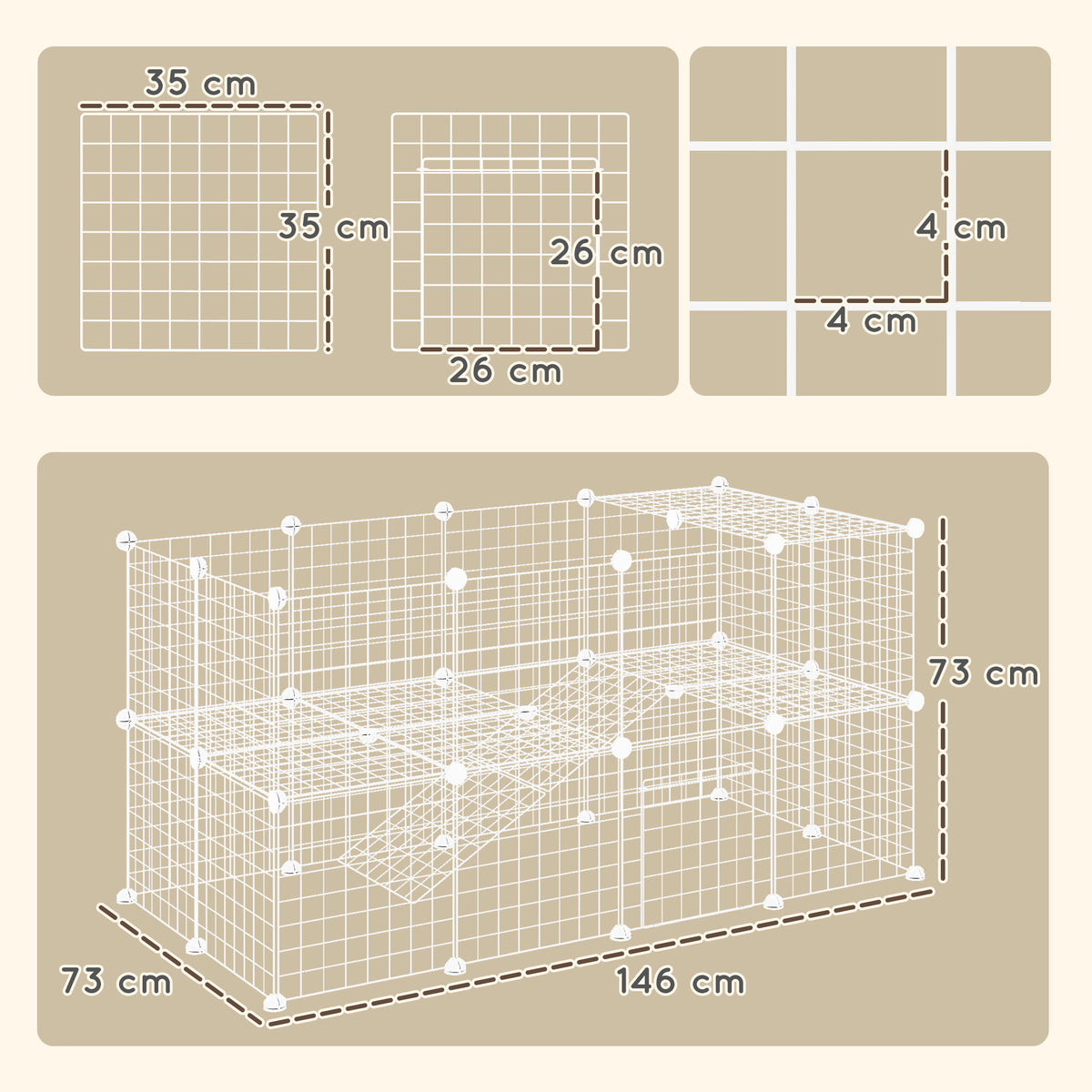 Recinto de Metal para Animais de Estimação Recinto Metálico com 36 Painéis para Pequenos Animais Desmontável DIY 146x73x73 cm Branco — foto 3
