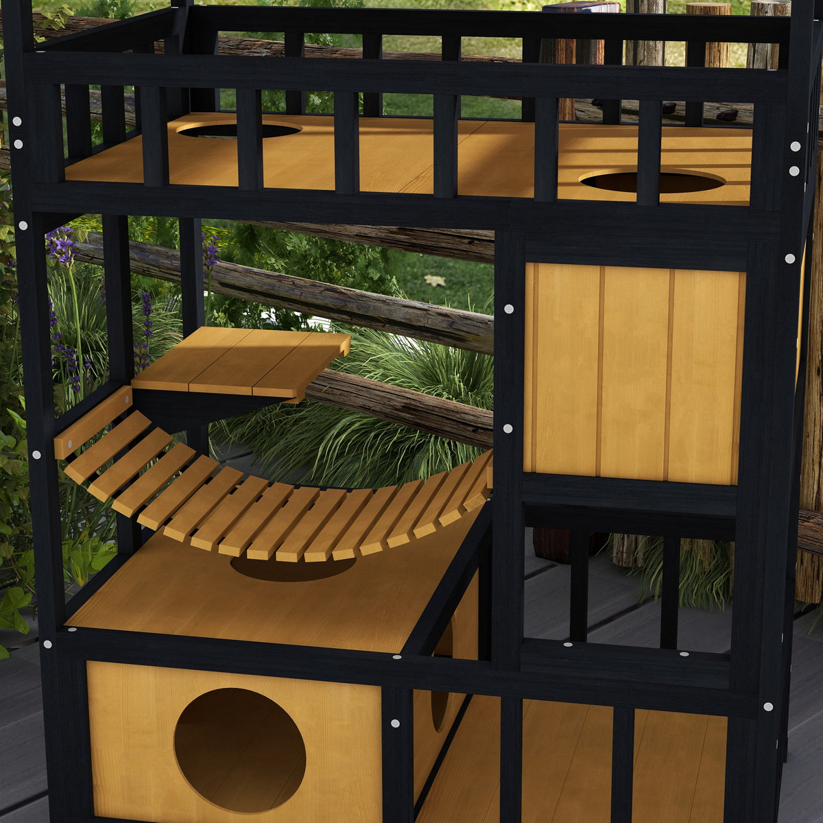 Casa para Gatos de Madeira 84x60x116 cm Abrigo para Gatos de 4 Níveis para Exterior com Ponte Suspensa Varanda e Telhado Asfáltico Natural — foto 8